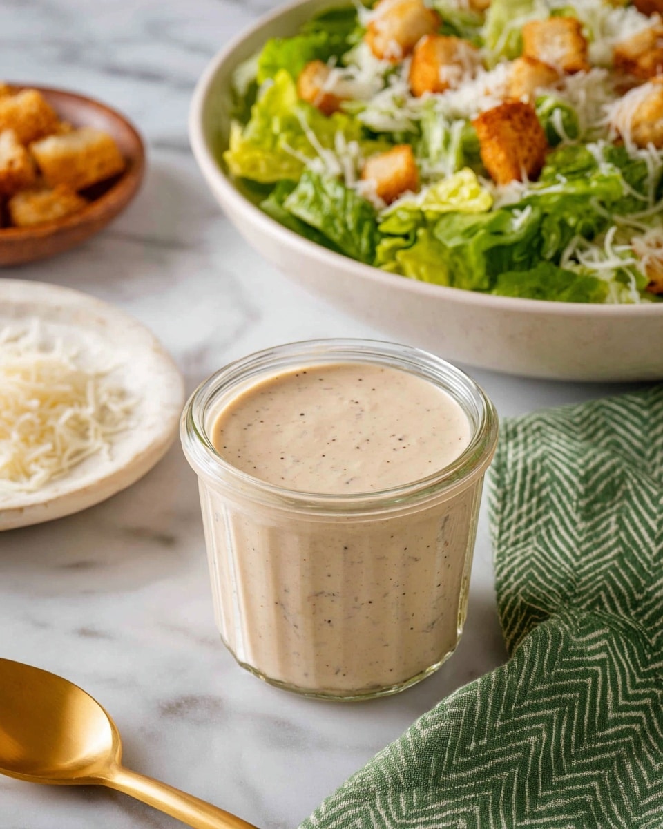The image shows a small clear glass jar filled with a creamy, light beige dressing that has small black pepper specks throughout. Behind the jar, there is a white bowl filled with fresh green lettuce, topped with golden brown croutons and a sprinkle of grated white cheese. A small white plate with additional white grated cheese sits to the left, along with a gold spoon resting on a green cloth with a chevron pattern. All items are placed on a white marbled surface, giving a clean and bright background. Photo taken with an iphone --ar 4:5 --v 7