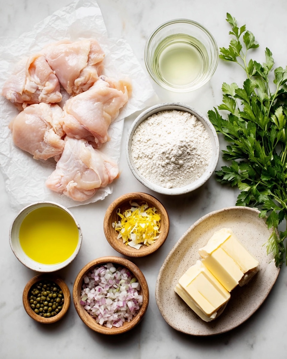 The image shows several raw chicken pieces, pale pink in color, placed on white paper on the left side. Next to them, there is a small white bowl with light yellow oil and a small wooden bowl filled with white flour. Above these bowls, there is a glass container with a pale yellow liquid. On the right, there is a stick of butter cut into small pieces, each light yellow in color, laid on its wrapper. Surrounding these items are small wooden bowls holding green capers, yellow lemon zest, and minced garlic, along with a white bowl filled with finely chopped light purple shallots. Fresh dark green parsley leaves are placed on the top right corner. Everything is arranged neatly on a white marbled surface. Photo taken with an iphone --ar 4:5 --v 7