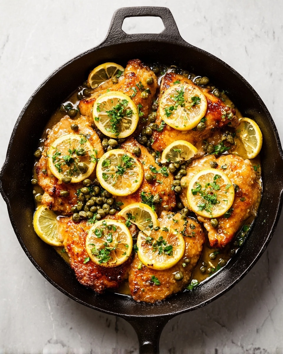A black skillet holds five cooked golden brown chicken pieces arranged to cover the pan’s surface. The chicken is covered with creamy light yellow sauce, dark green capers, and finely chopped fresh green herbs. Thin round lemon slices with a pale yellow color are placed under some chicken pieces near the center and edges. The skillet sits on a white marbled surface. photo taken with an iphone --ar 4:5 --v 7