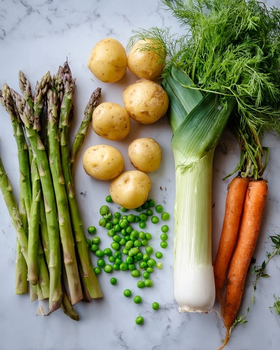 The image shows fresh vegetables laid out on a white marbled surface. On the left, there is a bunch of green asparagus spears with purple tips. Next to them are small round yellow potatoes scattered loosely in the middle. Near the potatoes, there are bright green peas grouped together in a small pile. To the right of the peas, there is a thick white stalk of leek topped with feathery green dill. On the far right, two bright orange carrots lie side by side with leafy green tops. A small sprig of delicate green herb is placed near the carrots. photo taken with an iphone --ar 4:5 --v 7