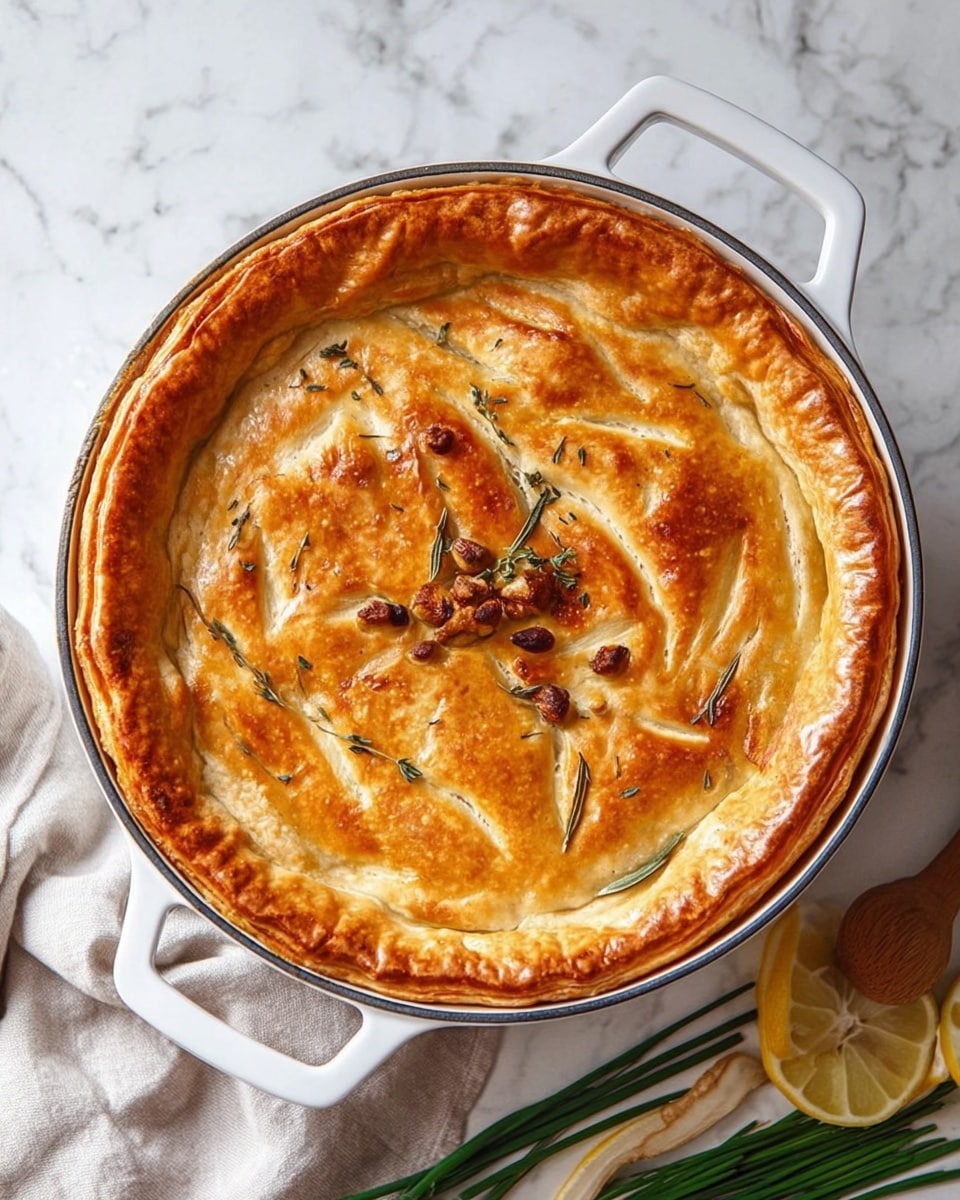 A round white pot with two handles holds a golden brown pie on top, with a shiny, smooth, slightly crinkled crust decorated with baked leaves and herb sprigs in the center. Part of the crust is scooped out with a wooden spoon, showing a chunky filling underneath made of mixed vegetables including green peas, orange carrots, and green beans, along with pieces of light-colored potatoes. The pot sits on a white marbled surface, with a white cloth partially visible underneath and a lemon wedge on the side. Photo taken with an iphone --ar 4:5 --v 7