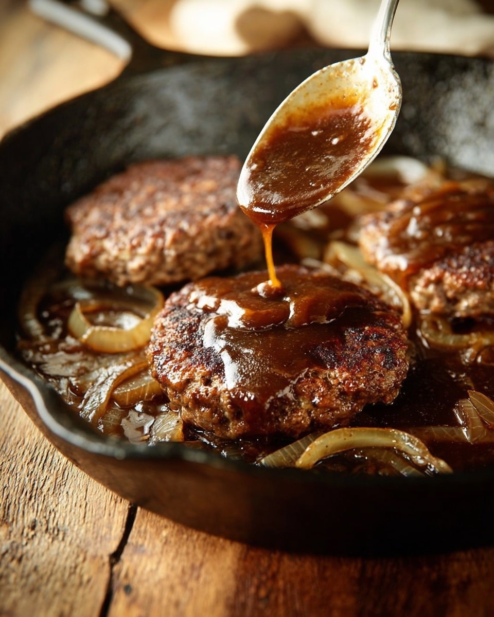 The image shows three cooked brown patties in a black cast iron pan, with caramelized light brown onion slices mixed into a thick dark brown sauce covering the base of the pan. A metallic spoon held by a woman's hand is pouring the glossy sauce over the closest patty in the center, making it shiny and wet. The background shows a soft focus rustic wooden surface below the pan. The lighting is warm, highlighting the textures and gloss on the patties and sauce. photo taken with an iphone --ar 4:5 --v 7
