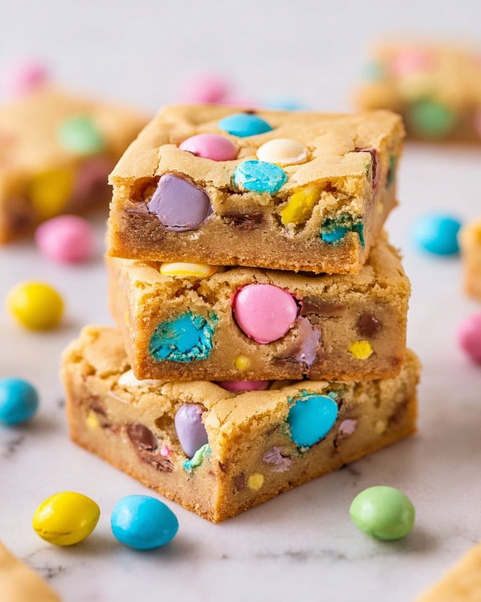 Three square cookie bars are stacked on top of each other on a white marbled surface, each bar having a golden brown, soft texture. The cookie bars are filled and topped with colorful candy pieces in pastel shades of pink, blue, yellow, and green, some with small cracks showing chocolate inside. The top bar shows a flat surface with slightly raised candy pieces embedded, while the middle and bottom bars reveal dense, chewy layers filled with candy scattered throughout. Around the stack, a few candy pieces are spread on the white marbled surface. photo taken with an iphone --ar 4:5 --v 7