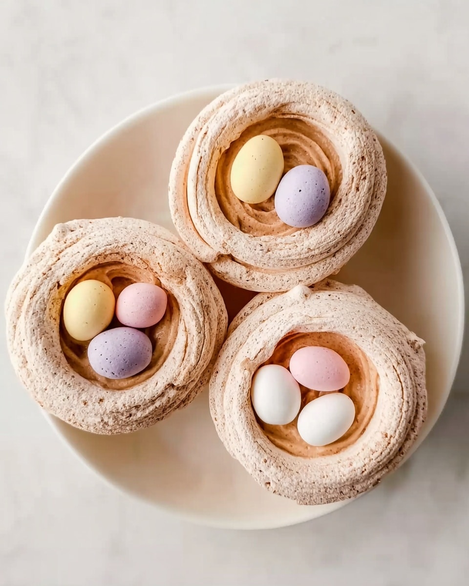 The image shows three small round desserts placed closely together on a white plate with a white marbled texture background. Each dessert has two layers: the base layer is a swirled, ring-shaped light beige meringue with a rough texture, forming a nest-like structure. Inside this nest is a smooth, thick layer of light brown cream or mousse with a slightly whipped texture. On top of each cream layer, there are three small, round, smooth candies or chocolates in pastel colors including pale yellow, soft pink, white, and light purple, arranged neatly in each dessert nest. The overall look is delicate and colorful with soft tones, and the photo is taken with an iphone --ar 4:5 --v 7