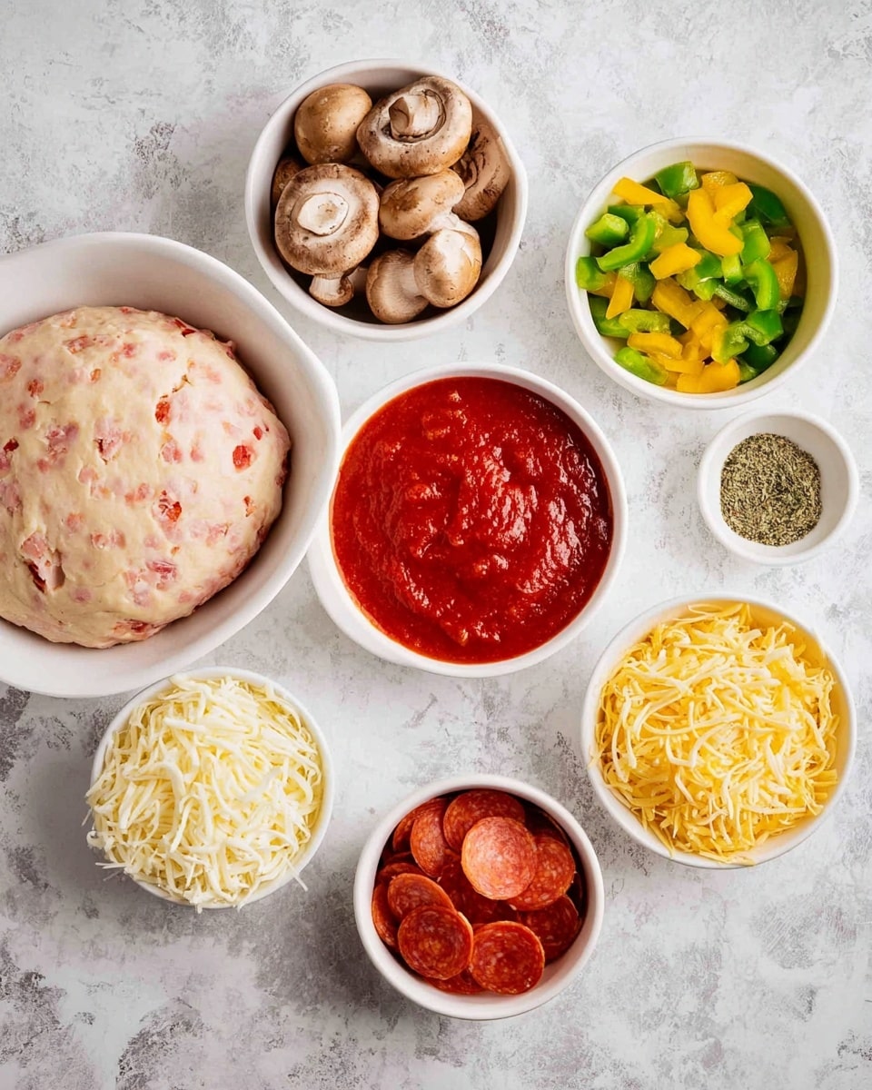 The image shows several white bowls arranged on a white marbled surface. The largest bowl at the bottom left holds a mound of light pink dough with small red bits mixed in. Above it to the left, a bowl is filled with whole brown mushrooms. To the right, a bowl contains chopped green and yellow bell peppers. Next to it is a bowl of smooth red tomato sauce. Below the sauce is a small bowl filled with round, thin slices of pepperoni. To the left of the pepperoni, there is a bowl of shredded white cheese. Below that, a bowl holds mixed yellow shredded cheese. Finally, a small white cup contains a combination of spices like garlic powder, salt, and dried herbs. photo taken with an iphone --ar 4:5 --v 7