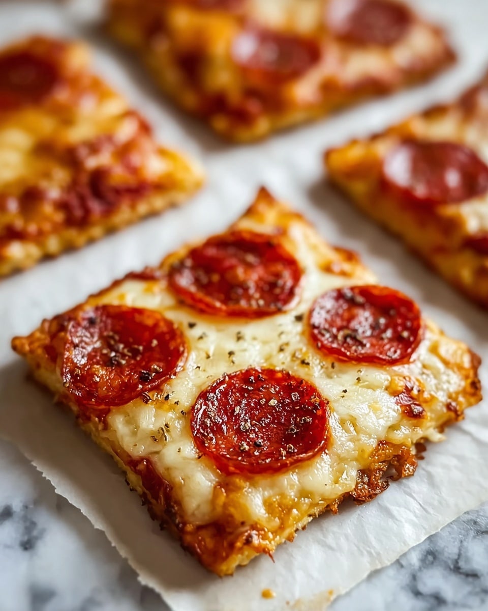 The image shows a close-up view of a square pizza slice with a golden-brown crust as the bottom layer, topped with a layer of melted, slightly browned cheese that looks creamy and smooth. On top of the cheese, there are four round pepperoni slices with a crispy, shiny, and slightly curled texture, each covered with small black seasoning flakes. The pizza slice sits on a white marbled textured surface, with other similar pizza slices blurred in the background, showing a warm and inviting color palette. photo taken with an iphone --ar 4:5 --v 7