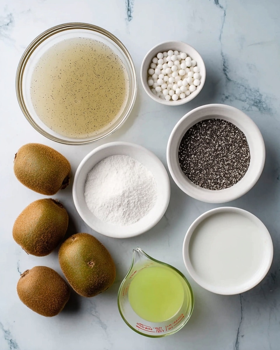 A top-down view of various ingredients arranged on a white marbled surface, including a large transparent glass bowl filled with a beige liquid in the top left, a white bowl with small white tapioca pearls in the top right, a white bowl filled with black chia seeds in the center right, a white bowl with granular white sugar in the center, a white bowl full of white coconut milk at the bottom right, a clear glass measuring cup with light green liquid near the bottom left, and several whole brown kiwis scattered centrally between the bowls, photo taken with an iphone --ar 4:5 --v 7