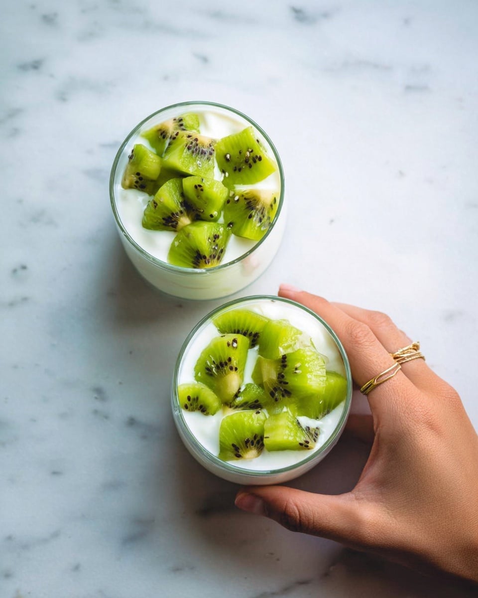 Two clear glass cups sit on a white marbled surface, each filled with a layer of white yogurt topped with small, bright green chunks of kiwi with black seeds. The cups are positioned vertically with some space between them, and a woman's hand with a gold ring gently holds the bottom cup from the right side. The overall lighting is soft and natural, highlighting the fresh colors and the smooth texture of the yogurt and the juicy kiwi pieces photo taken with an iphone --ar 4:5 --v 7