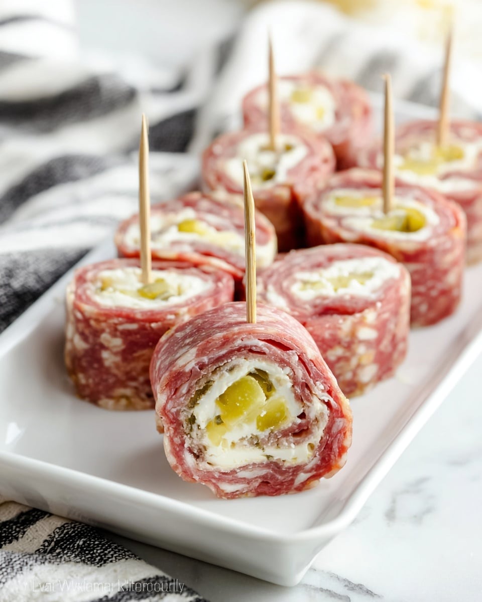 A close-up shows a woman's hand holding a small white plate toothpick that picks up a small rolled appetizer. The roll has three visible layers: the outer layer is thin and pink with white specks, looking like sliced cured meat; inside is a creamy white layer, smooth in texture; and the innermost layer is made of small chunks of bright yellow pieces, adding a fresh pop of color. In the background, there are several similar rolled pieces placed on a white plate with a subtle golden dot pattern, all resting on a white marbled surface. Photo taken with an iphone --ar 4:5 --v 7