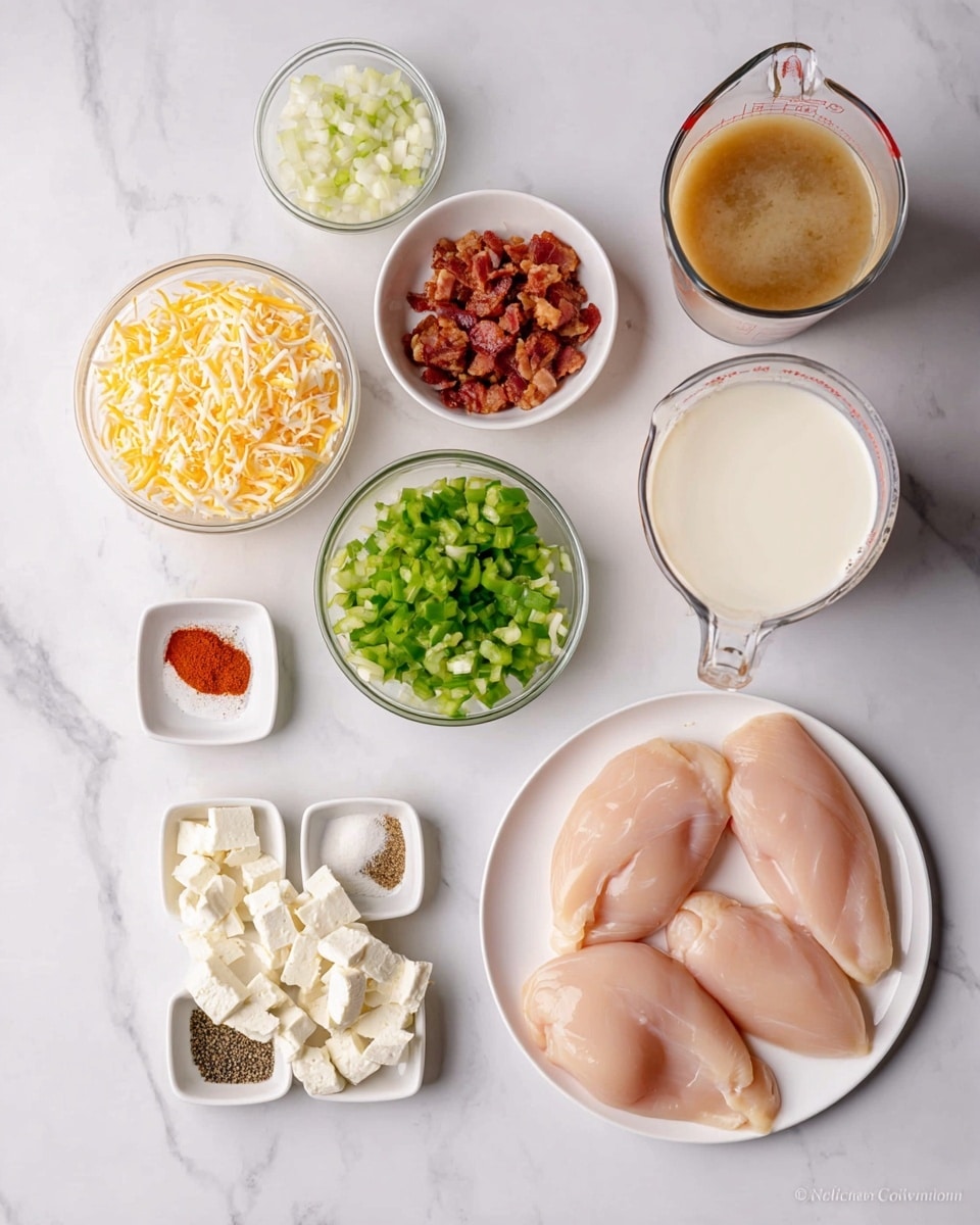 The image shows ingredients neatly arranged on a white marbled surface. On the right, there is a white plate with four raw chicken breasts, light pink with smooth texture. Next to it, a clear measuring cup holds creamy white liquid, and above it, a larger clear measuring cup contains light brown broth. In the middle, there are two small white bowls filled with chopped green bell peppers and diced white onions. Above these, a small clear bowl contains chopped cooked bacon pieces. On the left, a white plate holds white creamy cheese chunks, and next to it are three small white square dishes with black pepper, red chili powder, and brown spice powder, and one small white square dish is empty. At the top center, a clear measuring cup is filled with shredded yellow and white cheese. Everything is placed with clear visibility and good spacing, photo taken with an iphone --ar 4:5 --v 7