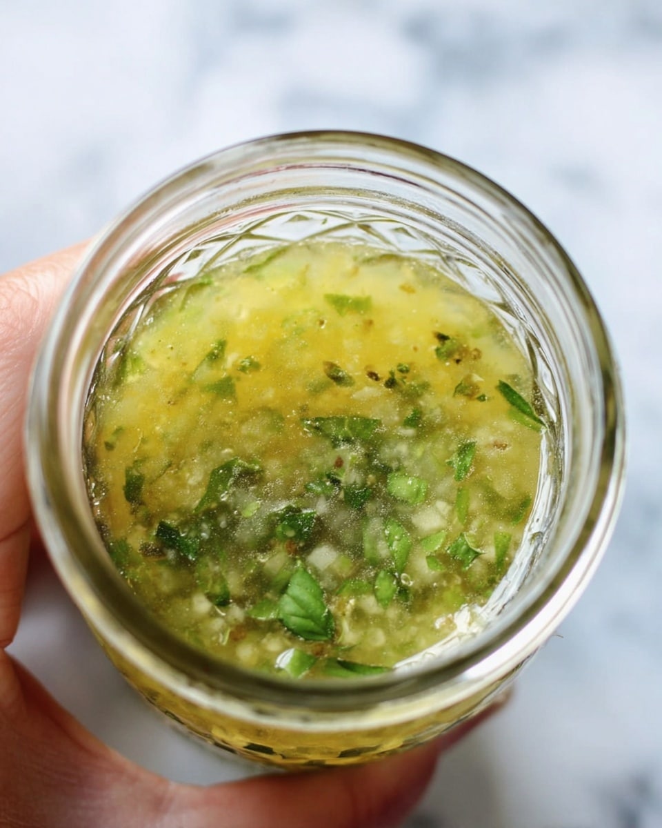 A close-up view inside a clear textured glass jar shows a chunky sauce with visible small green basil leaf pieces floating throughout a thick yellowish-green liquid, with slight bubbles on the surface, held by a woman's hand against a white marbled background photo taken with an iphone --ar 4:5 --v 7
