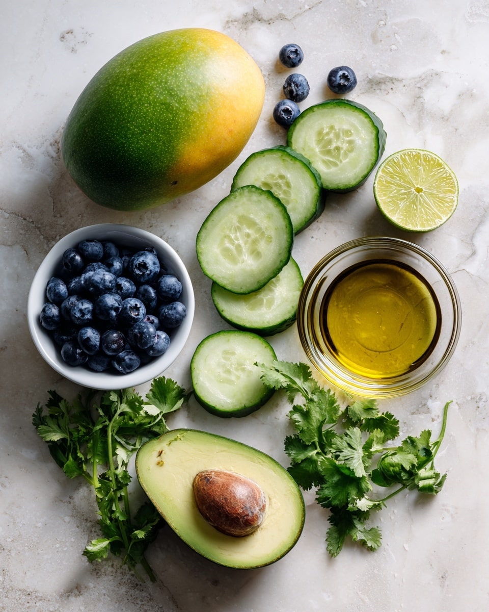 The image shows fresh ingredients arranged on a white marbled surface. There is a whole mango with green and yellow skin on the left side. Below it is a small white bowl filled with dark blue blueberries. Near the middle are two lime halves, light green inside, placed next to three round slices of cucumber with green skin and pale green inner flesh. To the right of the cucumber slices is a clear glass bowl filled with golden olive oil. In front of the cucumber and lime sits a halved avocado with bright green creamy flesh and a large brown seed in the middle. Scattered around are sprigs of fresh green cilantro and a few loose blueberries. Photo taken with an iphone --ar 4:5 --v 7