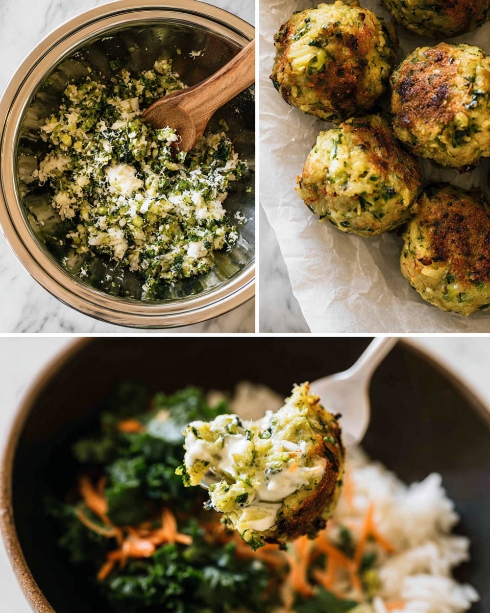 The image shows a three-part process and meal of broccoli cheese balls. The first part is a silver bowl filled with a mix of finely chopped broccoli, grated white cheese, and other green herbs, with a wooden spoon resting inside. The second part shows a close-up of golden brown broccoli cheese balls on white parchment paper, revealing a crispy and textured outer layer with green broccoli bits visible. The third part is a close-up of a dark bowl with white rice on the bottom, topped with several browned broccoli cheese balls and a small serving of fresh kale and thin carrot strips on the side, with a silver fork holding one cheese ball covered in a creamy white sauce, showing the soft green and cheesy inside. The background is a white marbled texture photo taken with an iphone --ar 4:5 --v 7