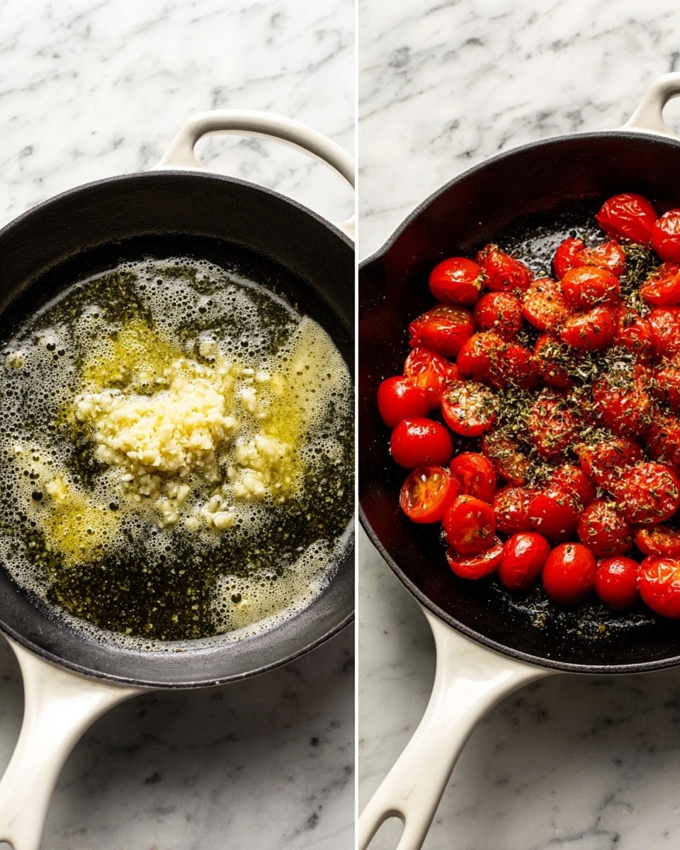 The image shows two white-handled black cast iron pans on a white marbled surface. The left pan has a layer of melted butter with a small pile of finely chopped garlic in the center, the butter bubbling gently around it. The right pan contains the same melted butter and garlic base, now topped with a thick layer of halved red cherry tomatoes scattered all over, with some sprinkled dried herbs on top, creating a colorful contrast between the red tomatoes, green herbs, and light yellow butter. Photo taken with an iphone --ar 4:5 --v 7