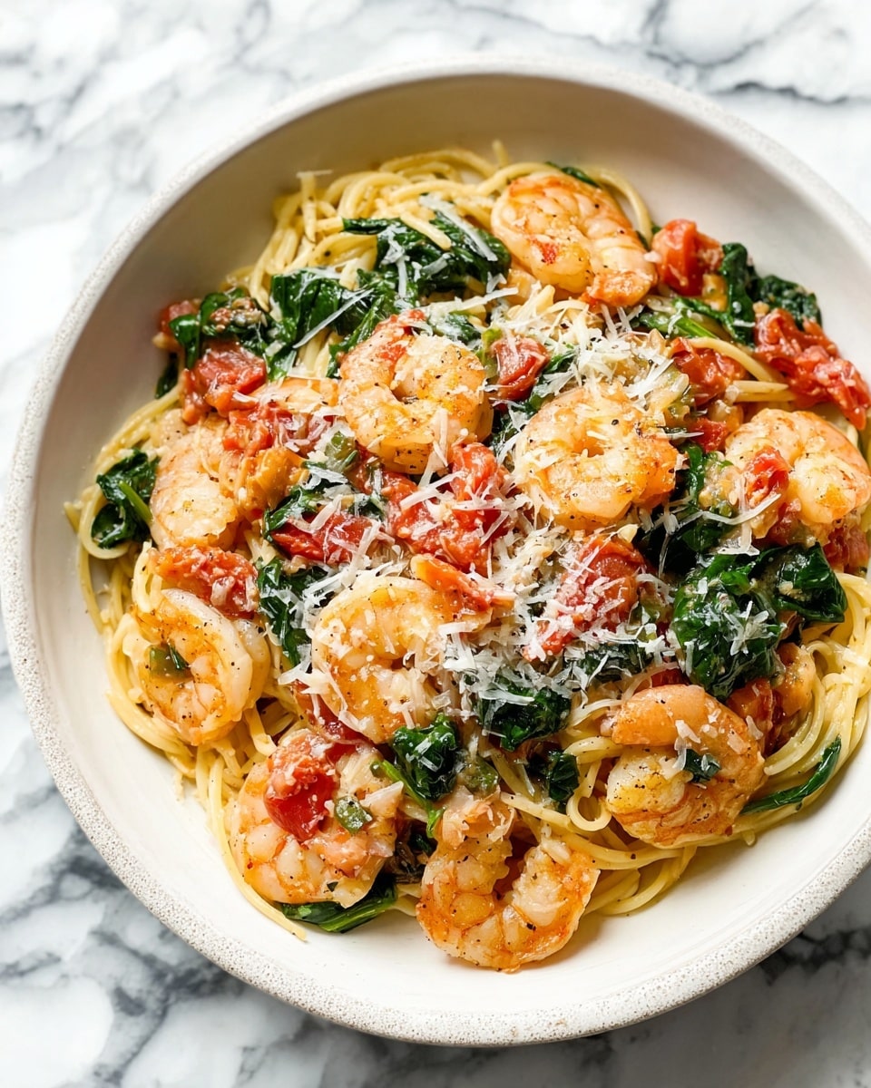 A white bowl holds a layered dish starting with a base of light yellow spaghetti noodles twisted together. On top, there are multiple plump, pink shrimp evenly placed around the plate. Bright red tomato pieces and deep green spinach leaves are mixed throughout the shrimp and noodles. Light, finely shredded white cheese is sprinkled over the whole dish, adding texture and contrast. The bowl sits on a white marbled surface, creating a clean and fresh background. Photo taken with an iphone --ar 4:5 --v 7
