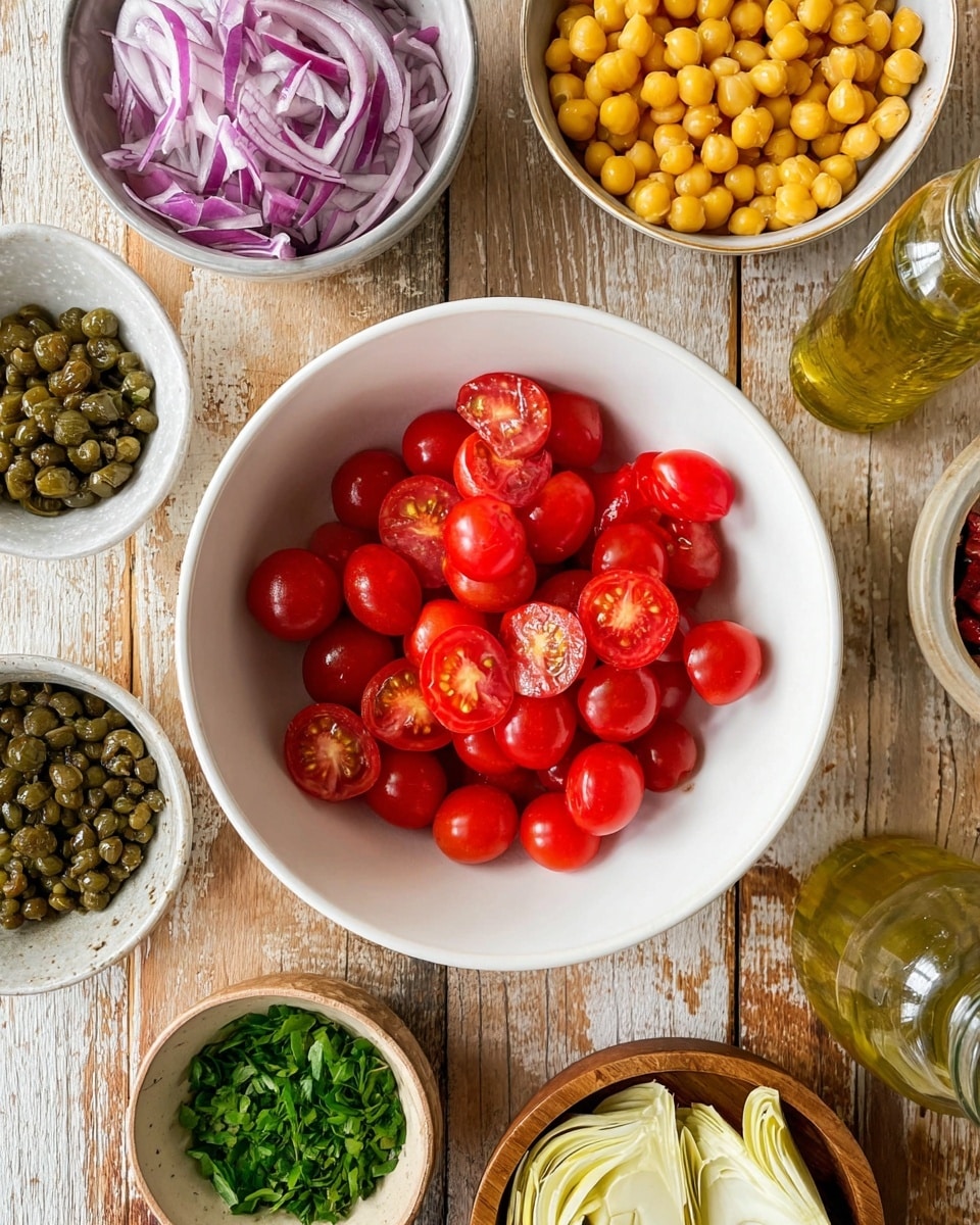 The image shows a white bowl in the center filled with bright red cherry tomatoes, cut in half to reveal their juicy inside. Around this bowl, there are five smaller bowls placed on a wooden surface: at the top left, a bowl with thinly sliced purple onions; at the top right, a white bowl with yellow chickpeas; at the bottom left, a white bowl with chopped fresh green basil; next to it, a small bowl with green capers; at the bottom right, a wooden bowl with chopped green chives; and a jar with sliced pale yellow artichokes and a bottle with olive oil in the lower part of the image. The setting is bright and colorful with a rustic feel. photo taken with an iphone --ar 4:5 --v 7