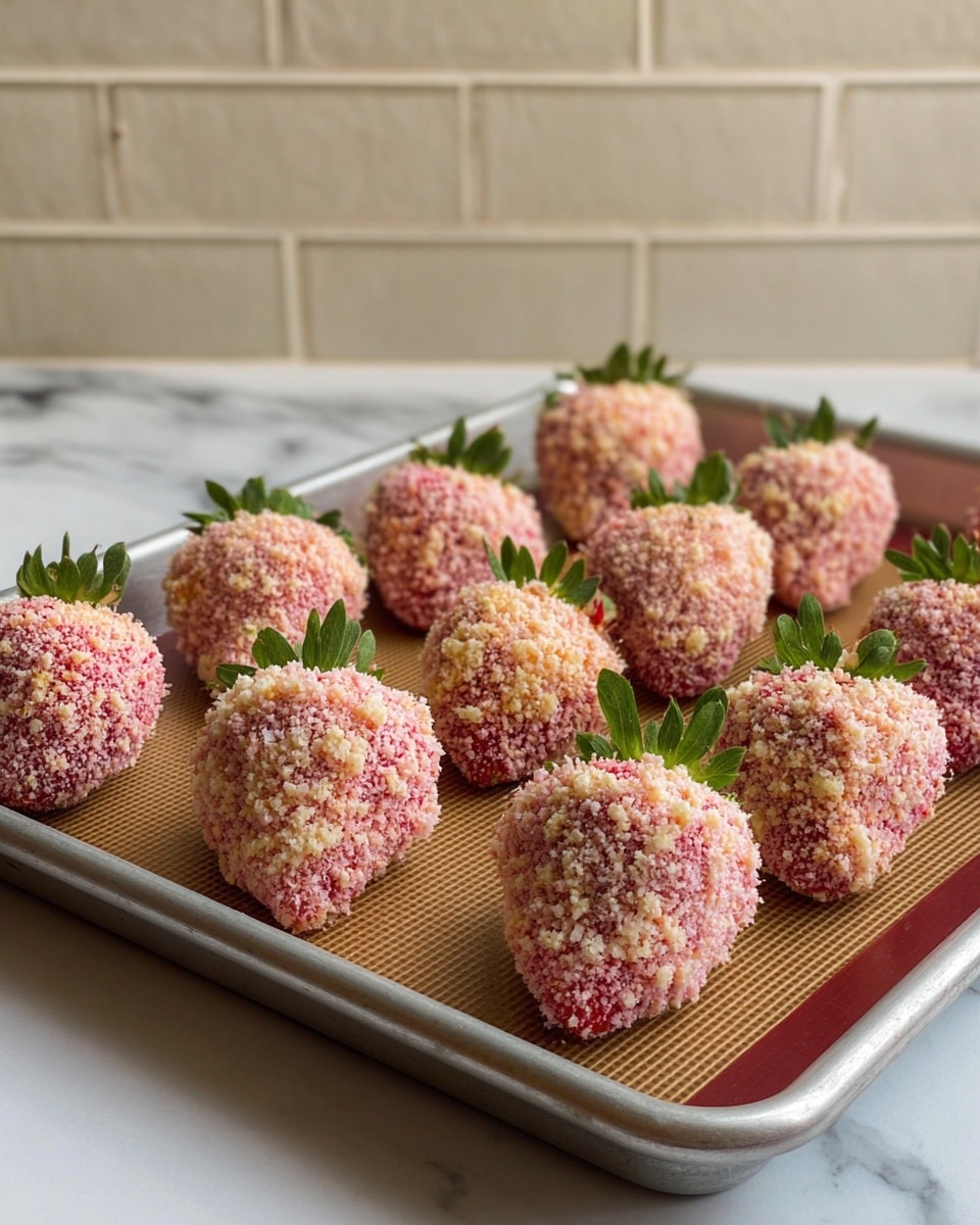 The image shows a tray of strawberries coated in a crumbly pink and light yellow crumb layer, arranged in three neat rows. Each strawberry keeps its green leaves at the top, adding fresh green accents to the textured crumb coating that covers the red fruit beneath. The strawberries sit on a brown silicone mat inside a metal baking tray, placed on a white marbled surface with a cream brick wall in the background. The photo taken with an iphone --ar 4:5 --v 7