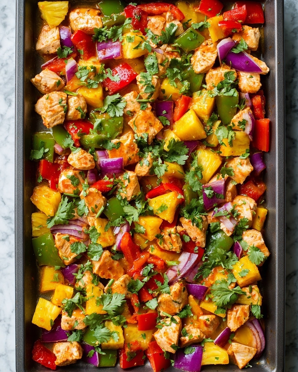 This image shows a colorful sheet pan meal with four main layers. The bottom layer is the dark gray metal pan holding the food. On top are chunks of light brown cooked chicken pieces scattered evenly across. Mixed with the chicken are bright yellow pineapple pieces, red and green bell pepper chunks, and purple pieces of cooked red onion. These four layers create a colorful mix of soft and slightly shiny textures. Fresh green cilantro leaves are sprinkled generously over the whole dish, adding small green spots and some loose sprigs mostly to one side. The background under the pan is a white marbled surface. Photo taken with an iphone --ar 4:5 --v 7