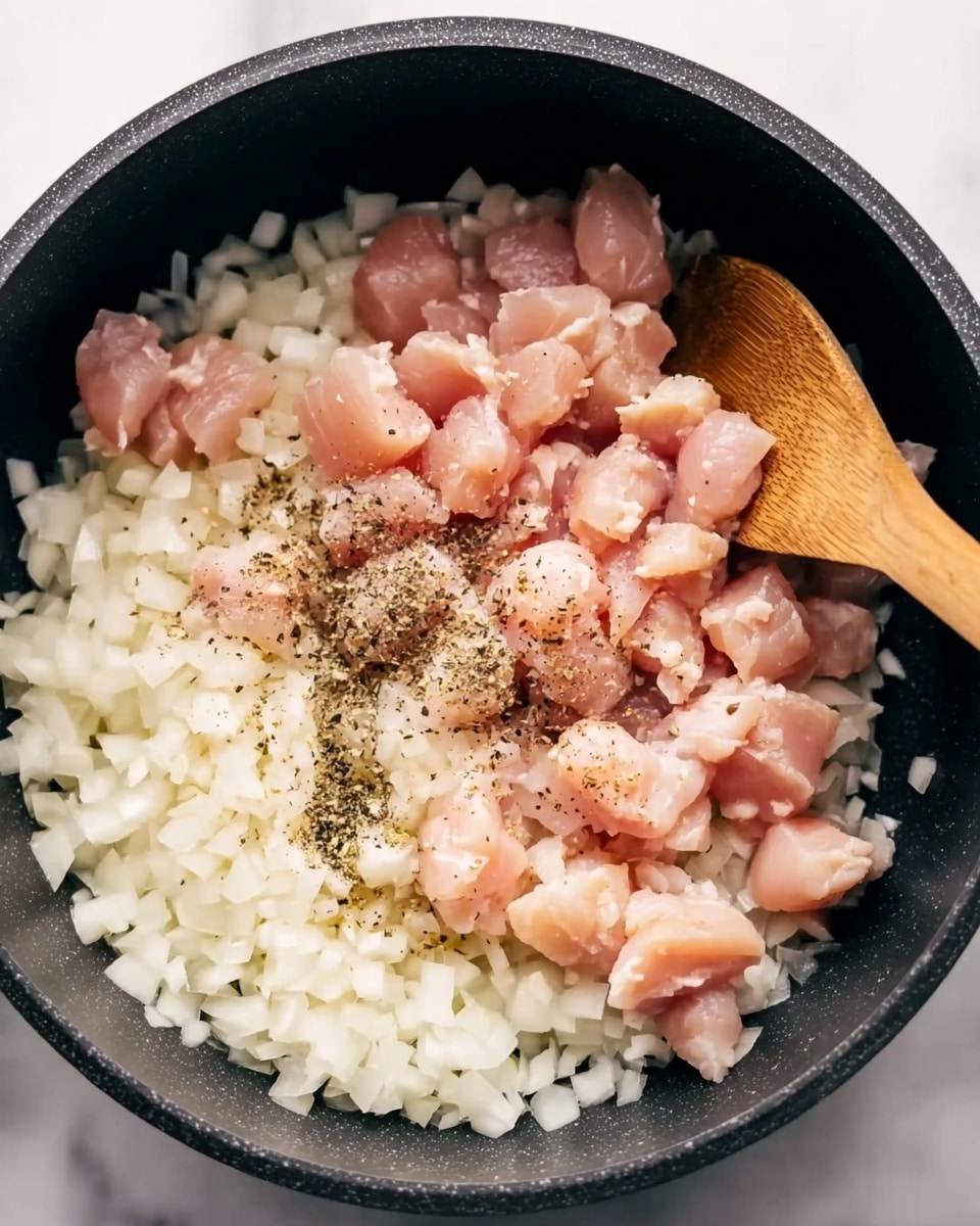 A close-up top view of a black cooking pot filled with a layer of finely chopped white onions spread evenly on the bottom. Above the onions is a layer of light pink raw chicken pieces scattered on top with a sprinkle of black pepper. A wooden spoon is stirring the mixture from the right side inside the pot. The edges of the black pot circle the ingredients, and the scene is set on a white marbled texture. Photo taken with an iphone --ar 4:5 --v 7