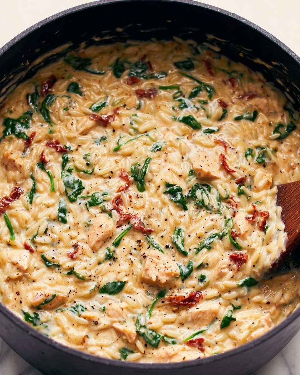 A close-up view of a black pot filled with creamy risotto showing one thick layer of creamy texture mixed with small pieces of green spinach leaves, red sun-dried tomato bits, and light brown chicken chunks, all mingled with tender grains of orzo pasta, lightly speckled with black pepper; a wooden spoon is partially submerged on the right side, coated with the same creamy mixture on a white marbled surface photo taken with an iphone --ar 4:5 --v 7