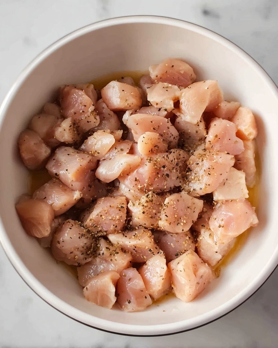 A white bowl filled with many small, uneven light pink pieces of raw chicken sprinkled with black pepper and some oil coating the chicken, sitting on a white marbled surface. photo taken with an iphone --ar 4:5 --v 7