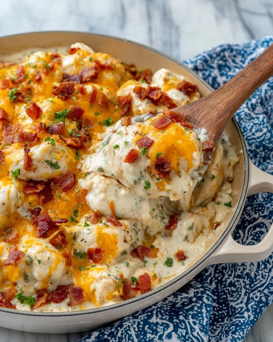 The image shows a close-up of a creamy chicken casserole in a round white bowl with two small handles. The dish has three visible layers: at the bottom is a thick, white creamy sauce mixed with herbs, above that are large pieces of cooked white chicken that are well coated with the sauce, and the top layer is melted orange-yellow cheese sprinkled with small bits of crispy brown bacon and small green parsley pieces. A wooden spoon is scooping some of the casserole, lifting chicken pieces covered in sauce and cheese. The bowl is placed on a white marbled surface with a blue and white patterned cloth nearby. photo taken with an iphone --ar 4:5 --v 7