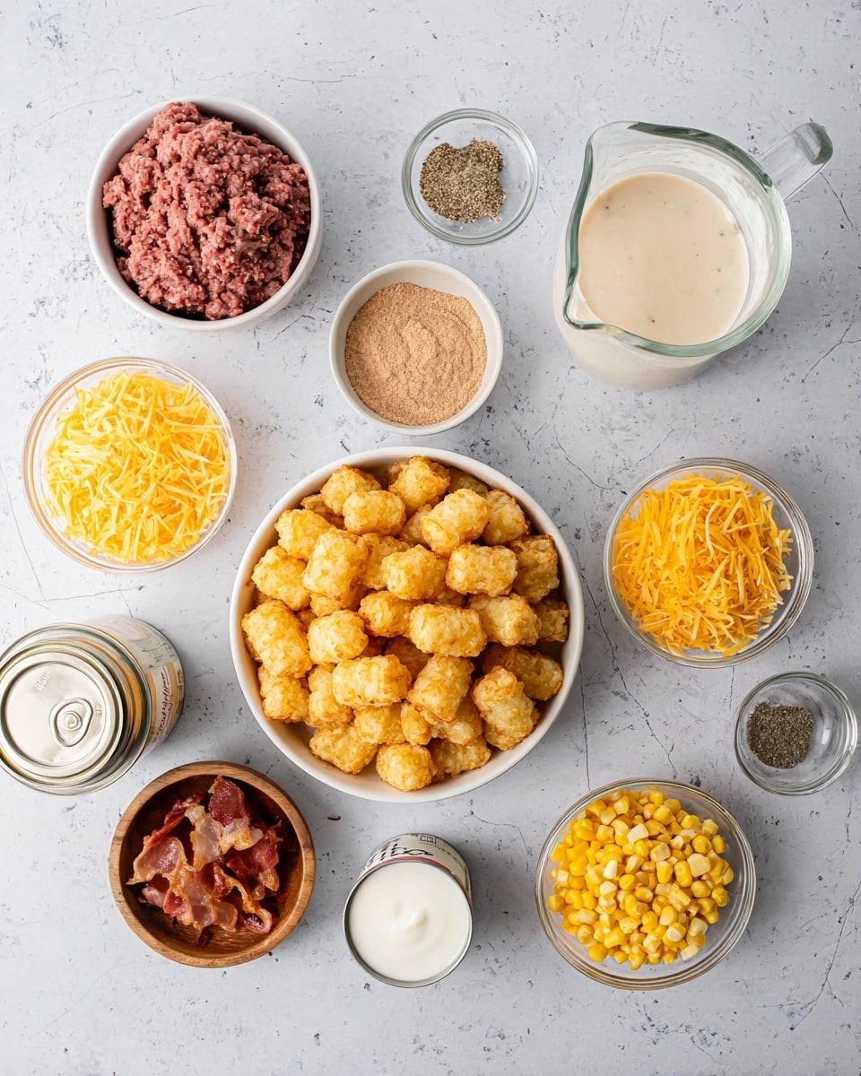 A top view of a white bowl filled with raw ground meat sits near a white bowl full of golden-yellow tater tots in the center. Around them are smaller white bowls containing yellow shredded cheese, bright yellow corn kernels, and bits of cooked bacon. A glass measuring cup with white milk is placed near a small glass bowl with white sour cream. There is also a small wooden bowl holding light brown garlic powder, and another wooden bowl with salt and black pepper. An opened can of cream of mushroom soup shows its light beige contents. All items are set on a white marbled surface. photo taken with an iphone --ar 4:5 --v 7