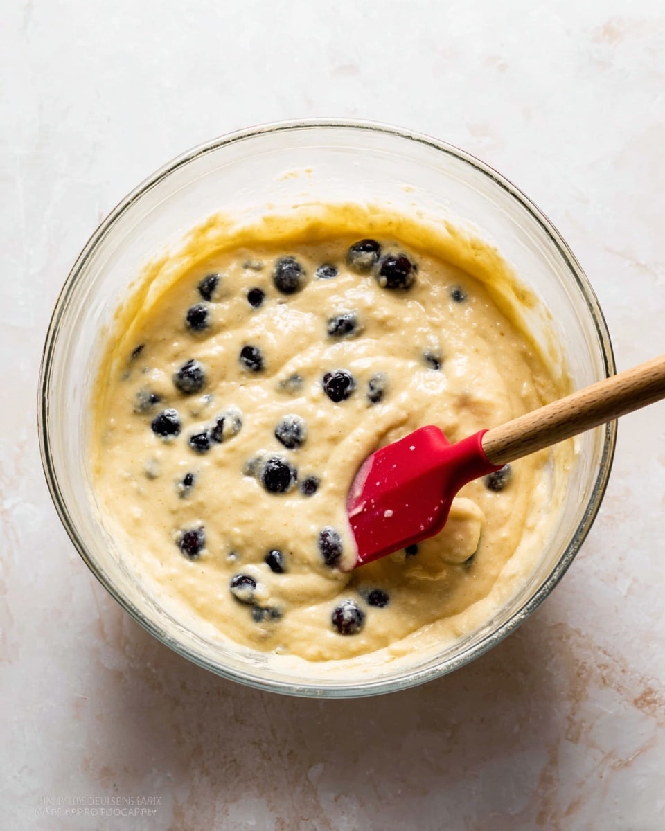 A clear glass bowl filled with light yellow creamy batter with visible small lumps folded with round, dark blue blueberries evenly mixed in. A red spatula with a wooden handle is inside the bowl, touching the batter. The background surface is white with a marbled texture. photo taken with an iphone --ar 4:5 --v 7