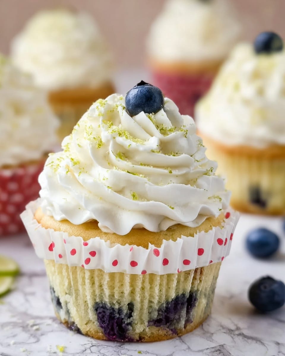 The image shows a close-up of a blueberry cupcake with three visible layers: the base is a light yellow cake with visible blueberries baked inside, the middle layer is white cupcake paper with a red dot pattern, and the top layer is a large swirl of white whipped cream frosting with fine lime zest sprinkled on it. A single blueberry sits on top of the frosting. The background is a white marbled texture with more cupcakes blurred in the distance and a couple of loose blueberries in the bottom right corner. Photo taken with an iphone --ar 4:5 --v 7