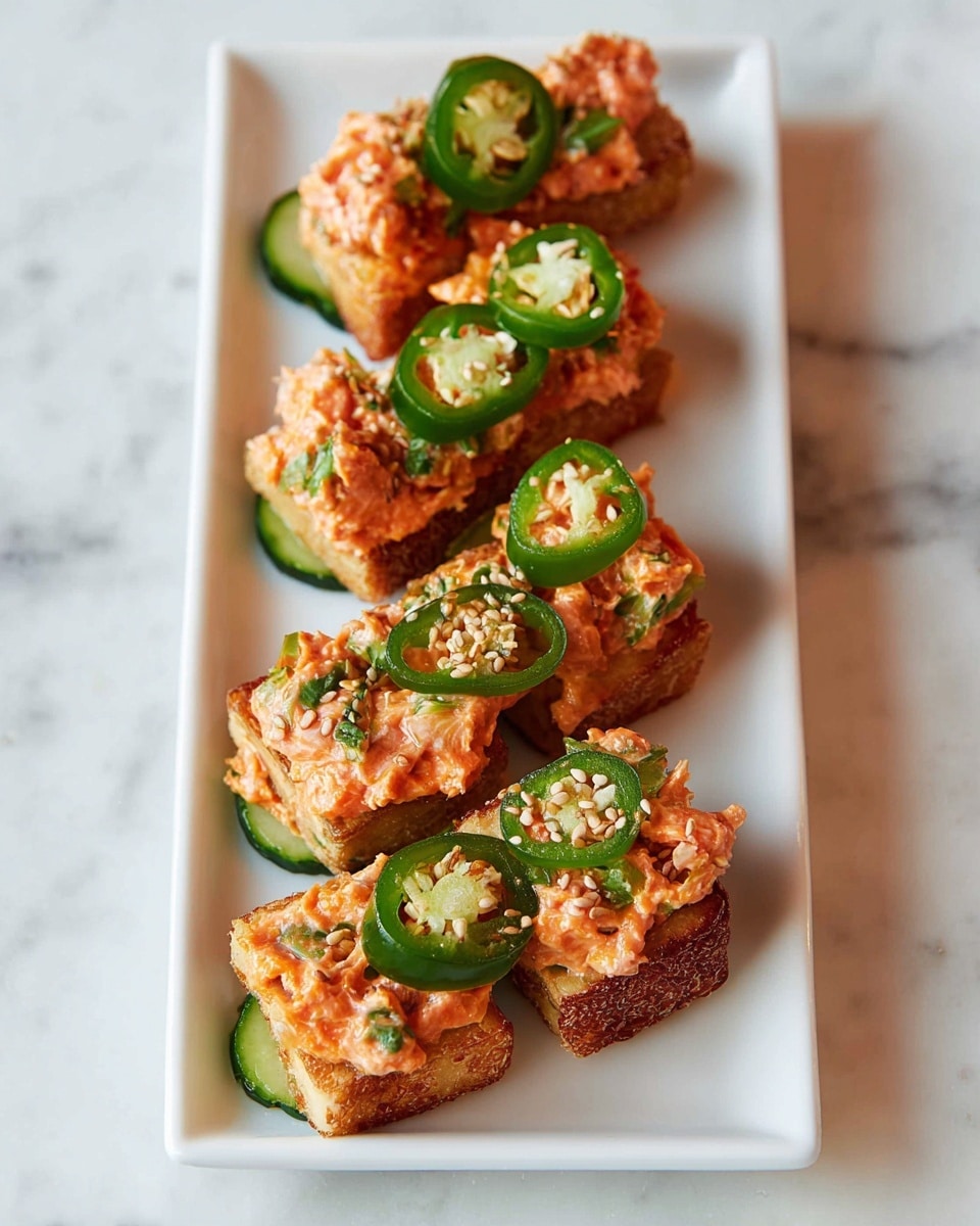 The dish shows six small rectangular pieces of golden-brown fried tofu arranged in two columns on a white rectangular plate placed on a white marbled surface. Each tofu piece is layered with a slice of fresh green cucumber, topped with a bright orange creamy mixture that looks like spicy fish or salmon salad with small chunks and green herbs. On top of this mixture, there is a thin slice of green jalapeño pepper with visible seeds, and the dish is sprinkled with light tan sesame seeds. The colors are vivid with warm orange, fresh green, and golden crispy textures standing out clearly. Photo taken with an iphone --ar 4:5 --v 7