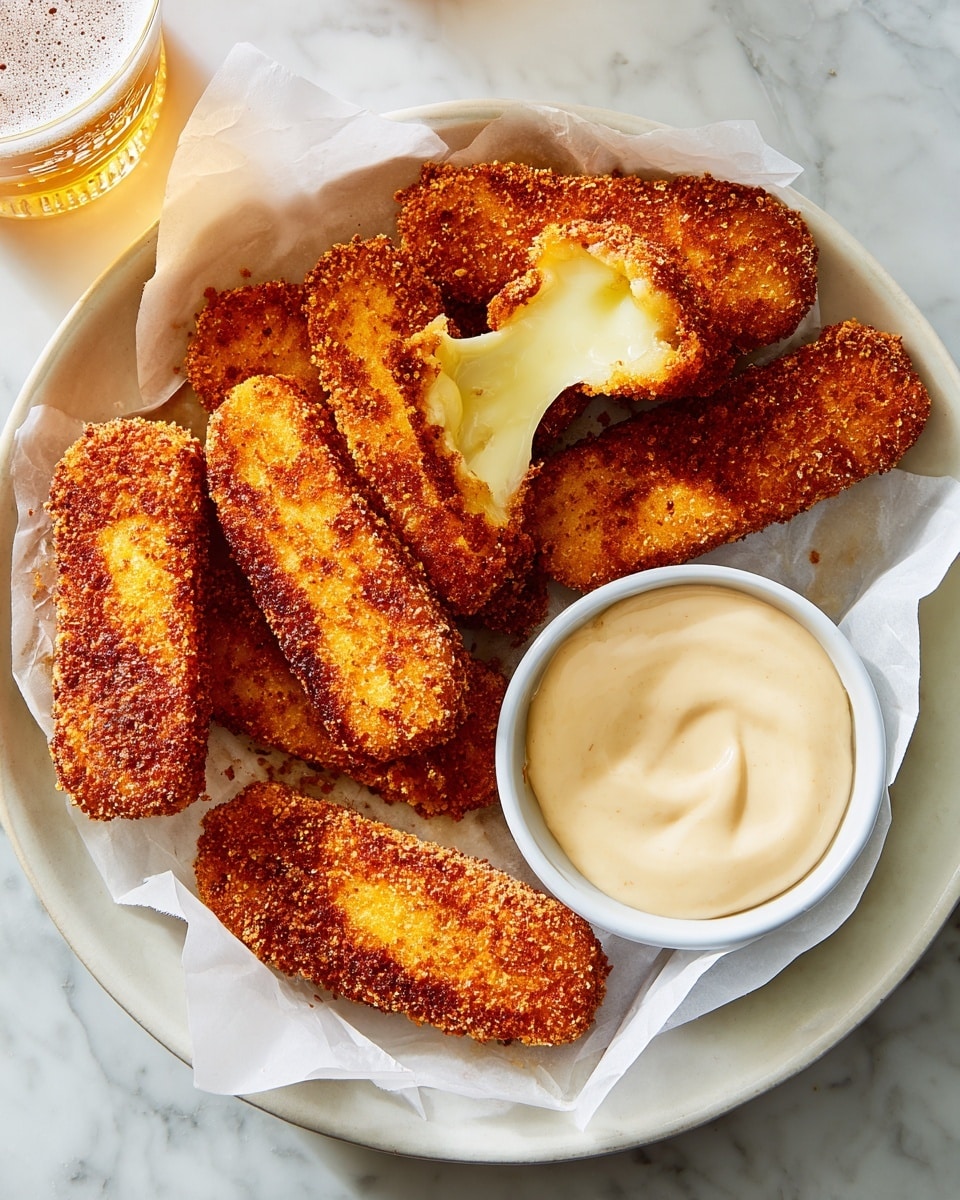 The image shows a white round plate lined with white parchment paper holding seven golden-brown fried cheese sticks with a crunchy, textured coating. One cheese stick is broken open, displaying a soft, melted pale yellow cheese inside. A small white bowl filled with a smooth, light cream-colored dipping sauce sits on the right side of the plate. A glass with a foamy beverage is partially visible at the top left corner, all placed on a white marbled surface. photo taken with an iphone --ar 4:5 --v 7