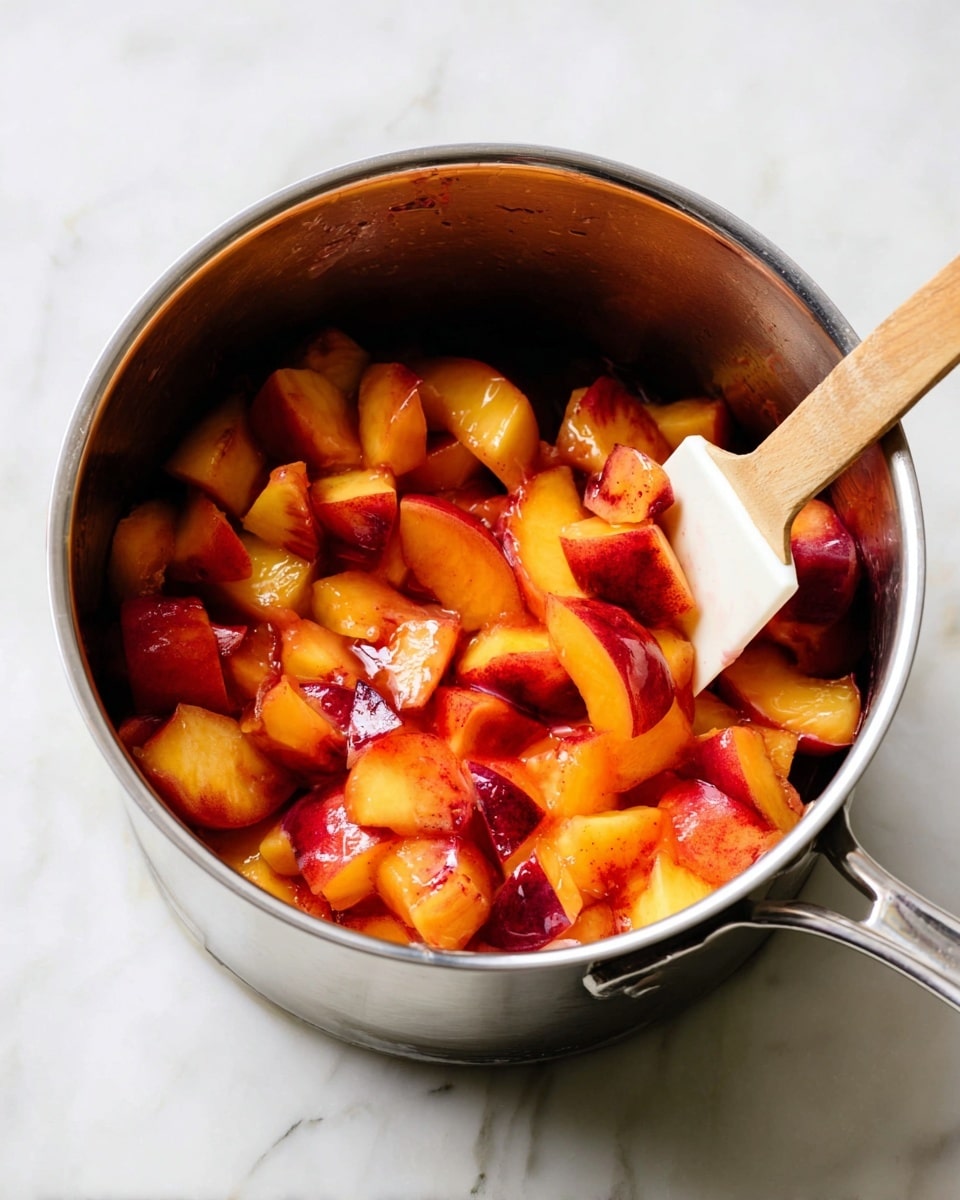 A shiny silver pot sits on a white marbled surface, filled about halfway with bright orange and red chopped peaches. The peach pieces have a mix of soft orange flesh and darker red skin spots, showing a fresh, juicy texture. Inside the pot, a white spatula with a light brown wooden handle is partially dipped into the fruit, lifting some of the peach pieces. The pot reflects a little light on its shiny surface, and the white marbled background adds a clean, bright feel to the scene. photo taken with an iphone --ar 4:5 --v 7