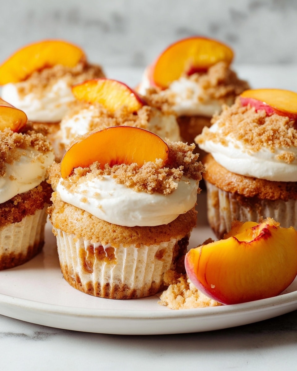The image shows a close-up of five cupcakes arranged closely on a white plate with a white marbled surface. Each cupcake has three main layers: the base is a light brown cake, topped with a thick white cream layer that looks smooth and fluffy, then sprinkled with a crumbly light brown topping. Some cupcakes are decorated with thin slices of bright orange peach placed on top of the cream layer. In the foreground, there is a peach slice on the white plate near the cupcakes, and one cupcake is partially eaten, showing the inside with peach pieces inside the cake. The overall look is soft and crumbly with a fresh fruit accent, photo taken with an iphone --ar 4:5 --v 7