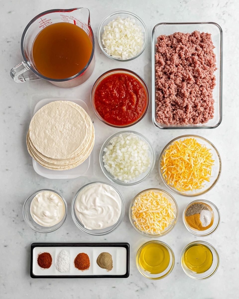 The image shows a flat lay of many clear glass bowls and containers with different cooking ingredients arranged neatly on a white marbled surface. There is one large glass measuring cup filled with brown broth in the upper left, a round bowl with bright red chunky tomato sauce near the upper center, and a rectangular glass dish filled with raw ground meat on the upper right. Below these are smaller round bowls holding diced white onions, uncooked white rice, shredded yellow and white cheese, and creamy yellow cheese sauce. A stack of white tortillas is placed near the center. Several small glass bowls contain various spices and sauces, arranged on a small white tray with black edges toward the left. Two bowls of sour cream and a small bowl with yellow oil are also part of the setup. The whole arrangement is clean and evenly spaced on the smooth white marbled background. photo taken with an iphone --ar 4:5 --v 7