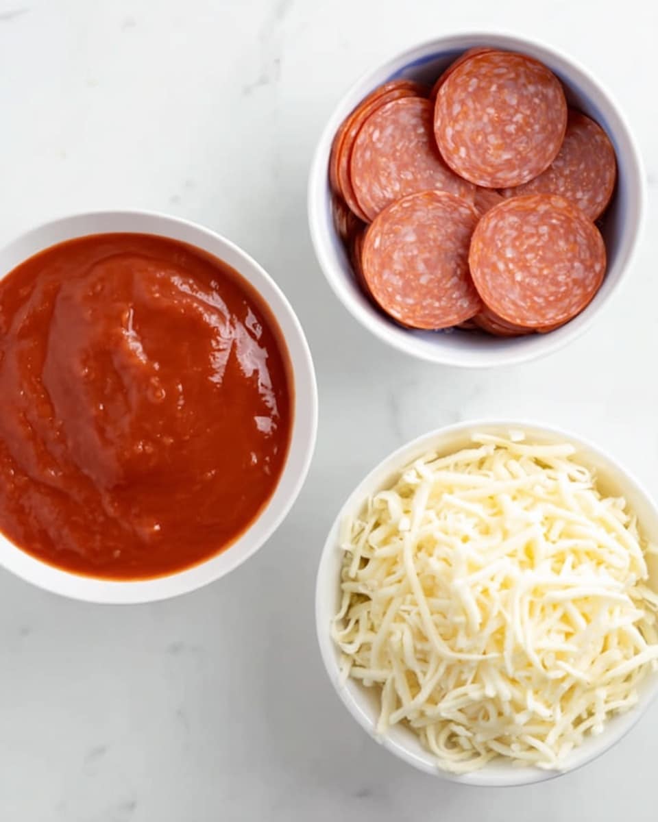 Three white bowls are placed on a white marbled surface. The top left bowl holds smooth, bright red pizza sauce with a shiny texture. The top right bowl contains round slices of pepperoni, showing a reddish-pink color with small white spots of fat. The bottom bowl is filled with a fluffy pile of shredded mozzarella cheese, which is pale yellow and soft in texture. Photo taken with an iphone --ar 4:5 --v 7