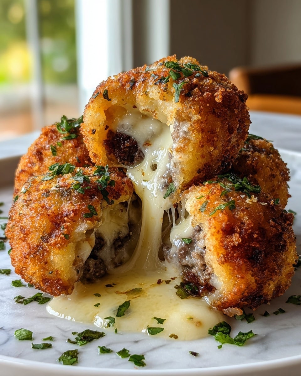 The image shows four round, golden-brown fried balls on a white plate, each topped with small green herb bits. One ball is broken open in the front, revealing melted white cheese stretched out from the inside and a layer of dark cooked meat in the center. The balls have a crispy outer texture, and the melted cheese flows out onto the plate, mingling with more scattered green herbs on the white marbled surface. The light is natural, coming from a window in the background, giving a warm and fresh feel to the close-up view of the dish photo taken with an iphone --ar 4:5 --v 7