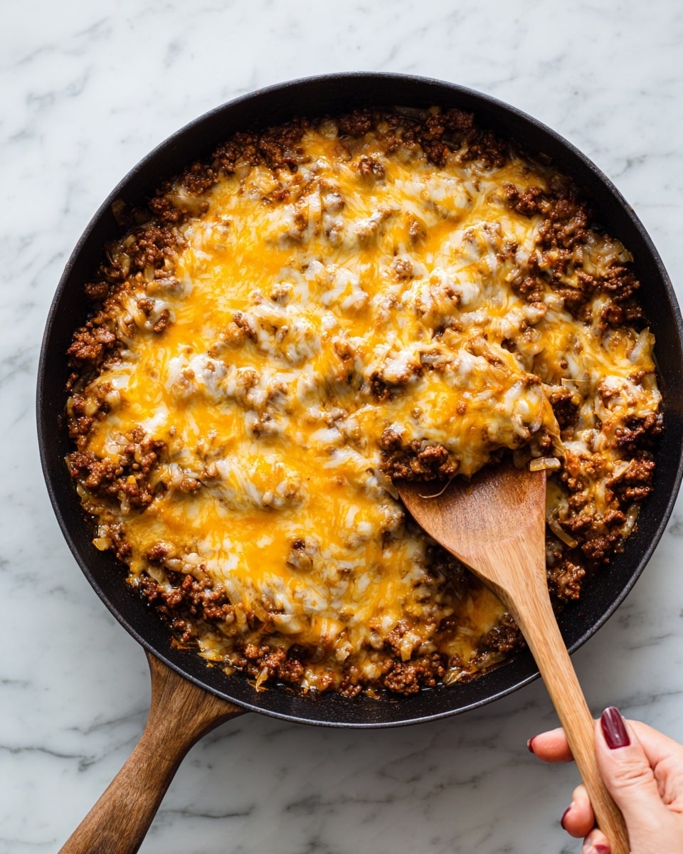 The image shows a cast iron pan filled with cooked ground beef mixed with small diced onions. There are several clusters of melted cheese that are slightly golden and stringy in texture spread unevenly over the meat. A wooden spoon is resting in the pan, lifting a portion of the mixture, with a woman's hand holding the spoon from the bottom right corner. The pan is placed on a white marbled surface. photo taken with an iphone --ar 4:5 --v 7