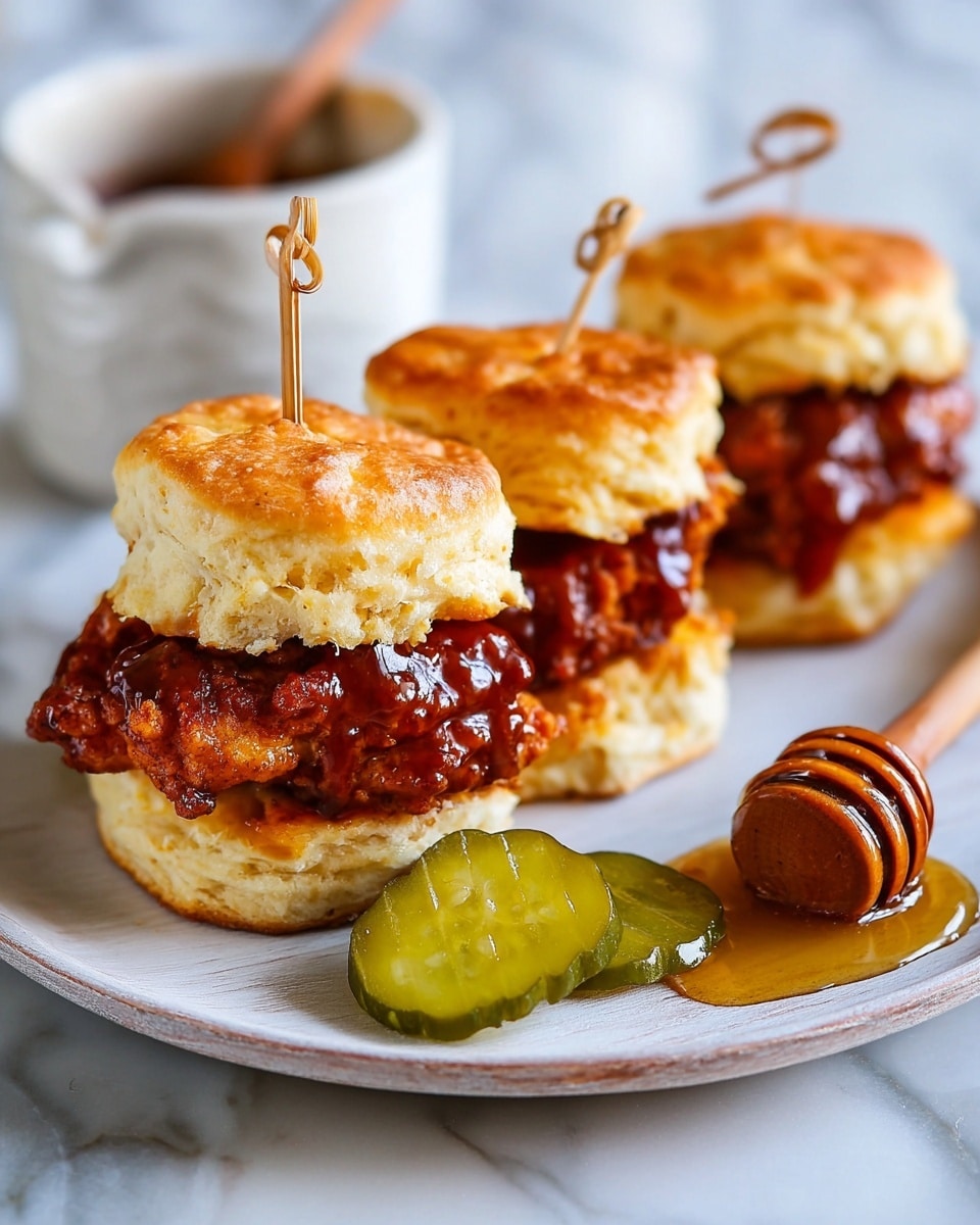 The image shows three mini fried chicken sliders on a round white plate. Each slider has three layers: a flaky, golden biscuit at the bottom, a thick piece of crispy fried chicken coated in shiny dark reddish sauce in the middle, and another biscuit layer on top, all held together by a thin wooden skewer with a loop at the top. In front of the sliders, there are three glossy green pickle slices. To the right side of the plate, there is a wooden honey dipper resting on the edge with some honey dripping onto the plate. The background is a white marbled surface with a small white bowl containing sauce blurred in the back. photo taken with an iphone --ar 4:5 --v 7