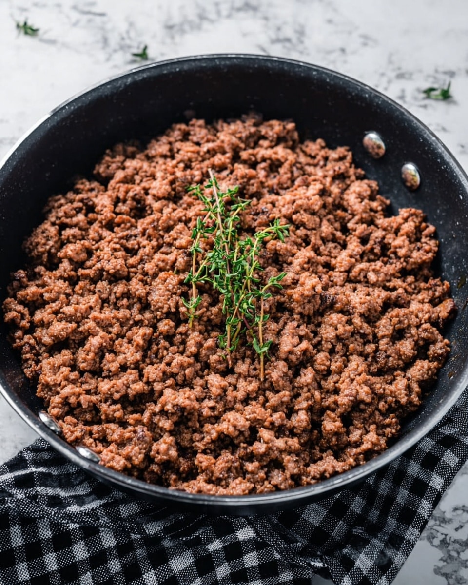 The image shows a black pan filled with cooked ground meat that is brown and crumbly in texture, with a small green sprig of fresh thyme placed in the center on top. The pan is round and has two silver rivets visible on the inside near the top rim. The background shows a white marbled surface, and a black and white checkered cloth is partially visible on the right side of the pan. photo taken with an iphone --ar 4:5 --v 7
