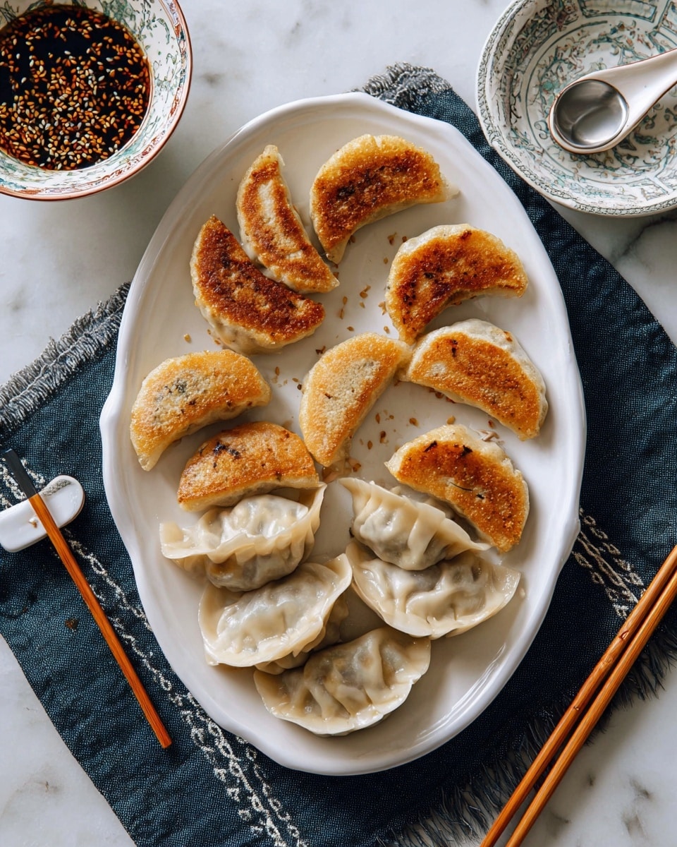 The image shows a white oval plate on a dark blue cloth with white stitching, placed on a white marbled surface. On the plate, there are eleven dumplings arranged in a small cluster, with five dumplings on the outer edge having a golden-brown crispy bottom and a light, soft top, while the six dumplings in the center are steamed with a smooth, pale texture and detailed folds. The dumplings have a crescent shape with crimped edges and slight browning marks on the fried ones. Around the plate are two pairs of light wooden chopsticks, a white ceramic spoon on a round patterned dish, and a small bowl filled with a dark sauce topped with sesame seeds and a silver spoon inside. Photo taken with an iphone --ar 4:5 --v 7