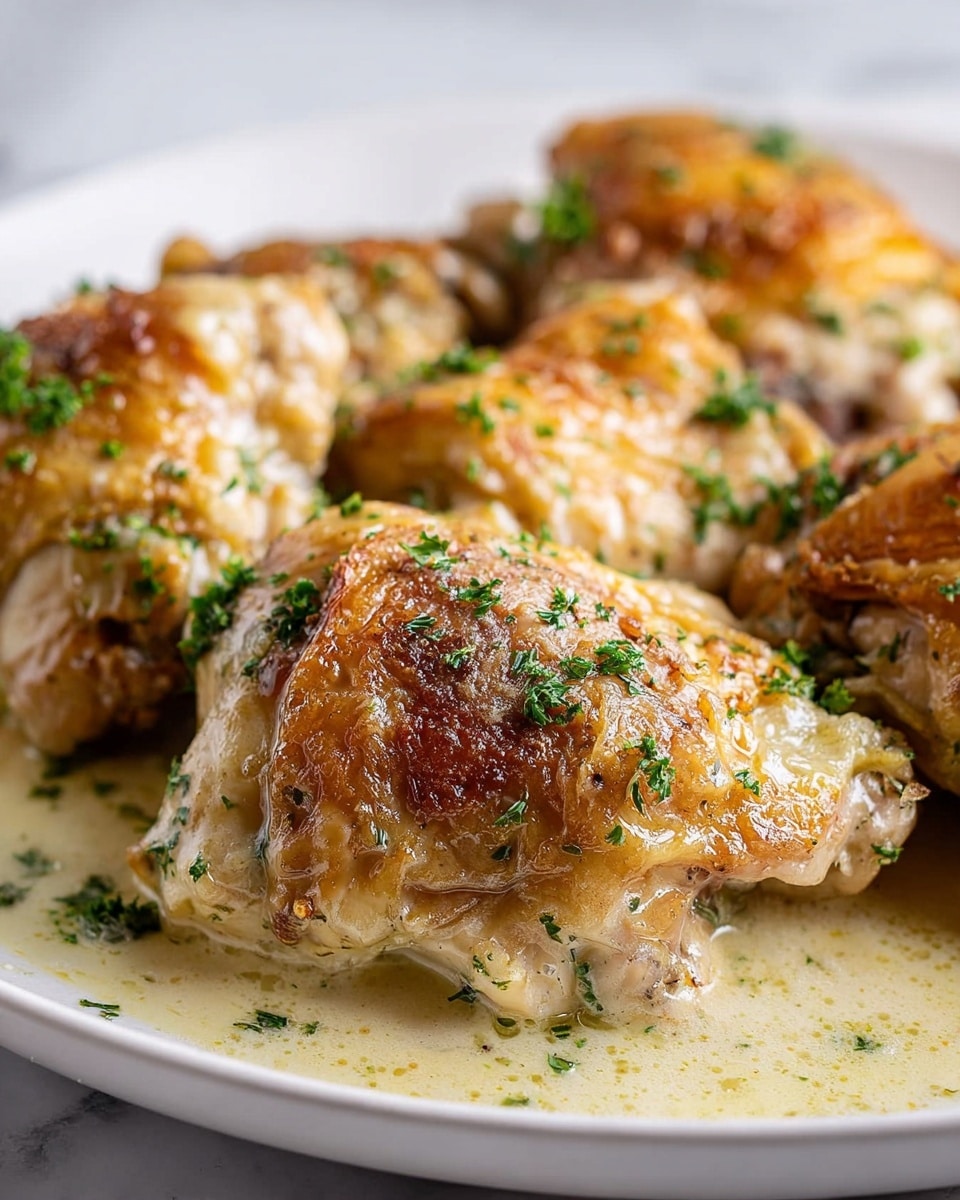 The dish shows many pieces of cooked chicken thighs with golden brown skin on top, some parts darker and crispier than others. The chicken is lightly sprinkled with small bits of fresh green parsley. The pieces are on a white plate with a creamy, light-colored sauce pooling around the base of the chicken. The chicken skin is shiny and looks moist, with a mixture of smooth and slight bumpy textures, all placed on a white marbled surface. Photo taken with an iphone --ar 4:5 --v 7
