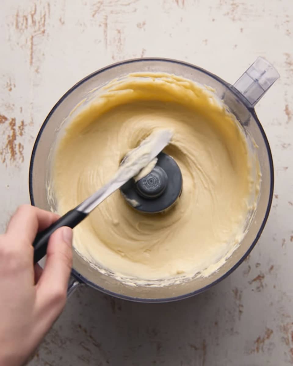 A clear blender bowl filled with smooth, pale yellow batter. The bowl is centered, showing the sharp metal blade going across the middle layer. A woman's hand holding a black spoon is stirring the batter from the left side, creating a slight swirl texture on the surface. The background shows a white marbled texture under the bowl. Photo taken with an iphone --ar 4:5 --v 7