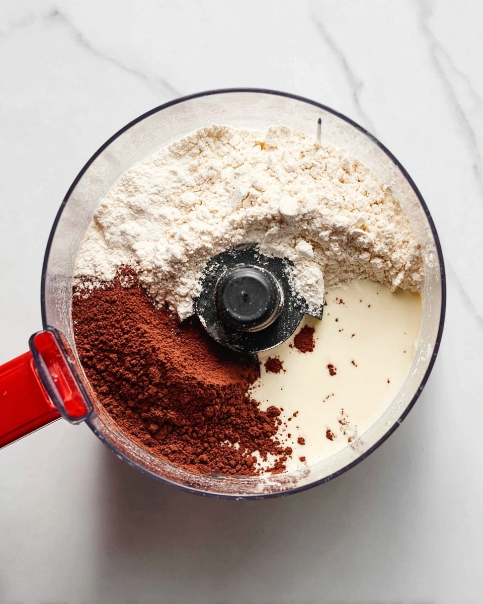 A clear food processor bowl with a black center blade shows three main layers of dry ingredients inside: on the left, a pale white flour powder, on the right, a rich dark brown cocoa powder, and at the bottom right, a creamy off-white small curd texture liquid. The bowl has a bright red handle and sits on a white marbled surface. The colors contrast sharply between white flour, dark cocoa, and cream, creating a clear separation of the three layers. photo taken with an iphone --ar 4:5 --v 7
