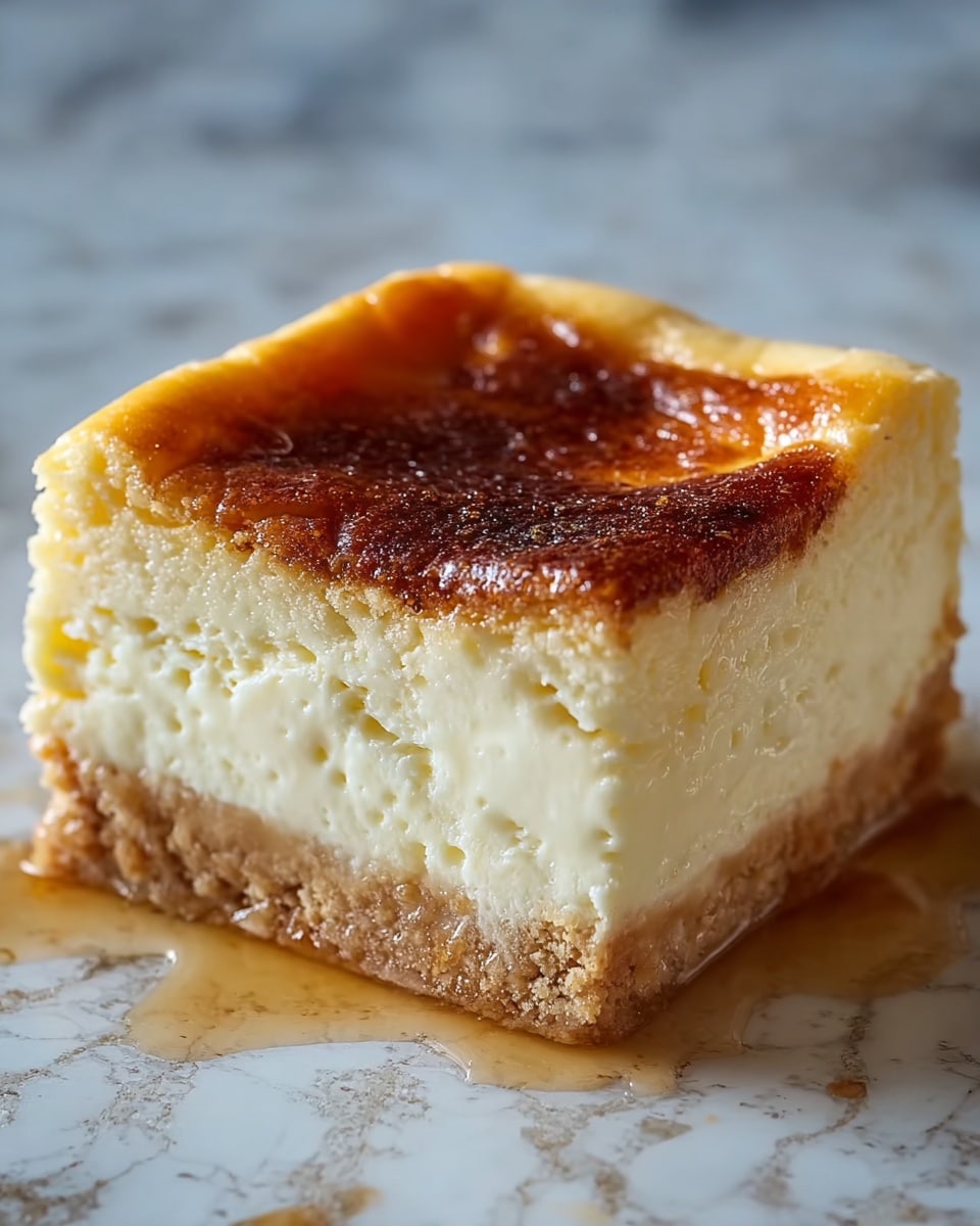 A close-up view of a single square slice of cheesecake with two layers: a thick creamy white layer with a light, fluffy texture, and a thin brown crust layer at the bottom. The top layer has a golden brown, slightly bubbly and browned surface spreading unevenly across the top. The cheesecake is placed on a clear glass plate, set on a white marbled texture surface. The lighting highlights the smoothness and slight shine on the cheesecake's surface, emphasizing its rich creamy texture. photo taken with an iphone --ar 4:5 --v 7