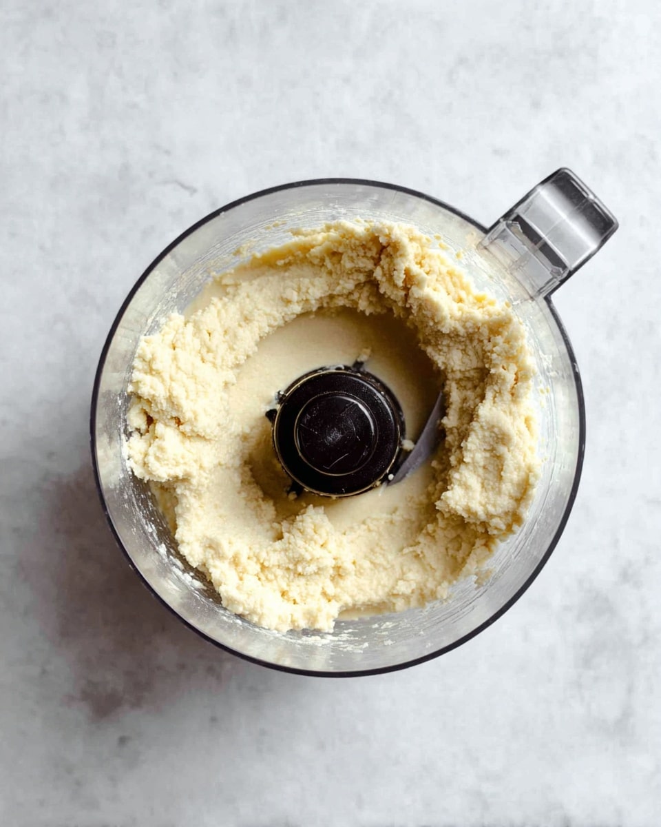 A clear food processor bowl filled with a single layer of creamy, thick, and slightly lumpy pale yellow mixture, centered around the dark blade piece in the middle; the clear bowl sits on a white marbled surface, showing a smooth texture with soft highlights on the mixture and some shadows inside the bowl, viewed from above. photo taken with an iphone --ar 4:5 --v 7