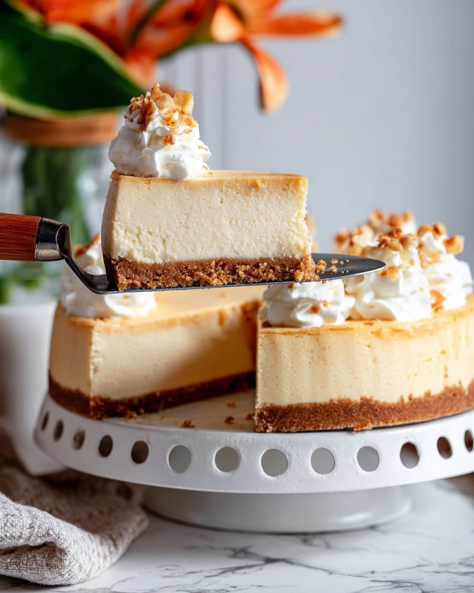 A slice of cheesecake is being lifted on a metal spatula with a wooden handle, showing two clear layers: a thick, smooth, creamy light beige top layer and a firm, crumbly brown bottom crust. The cheesecake slice is topped with a dollop of white whipped cream sprinkled with small brown nut pieces. The cheesecake sits on a white cake stand with cut-out details around the edge, placed on a white marbled surface. Behind, the whole cheesecake is visible with similar whipped cream dollops and nut sprinkles on top. In the blurred background, there is a flower with green leaves and orange petals. Photo taken with an iphone --ar 4:5 --v 7