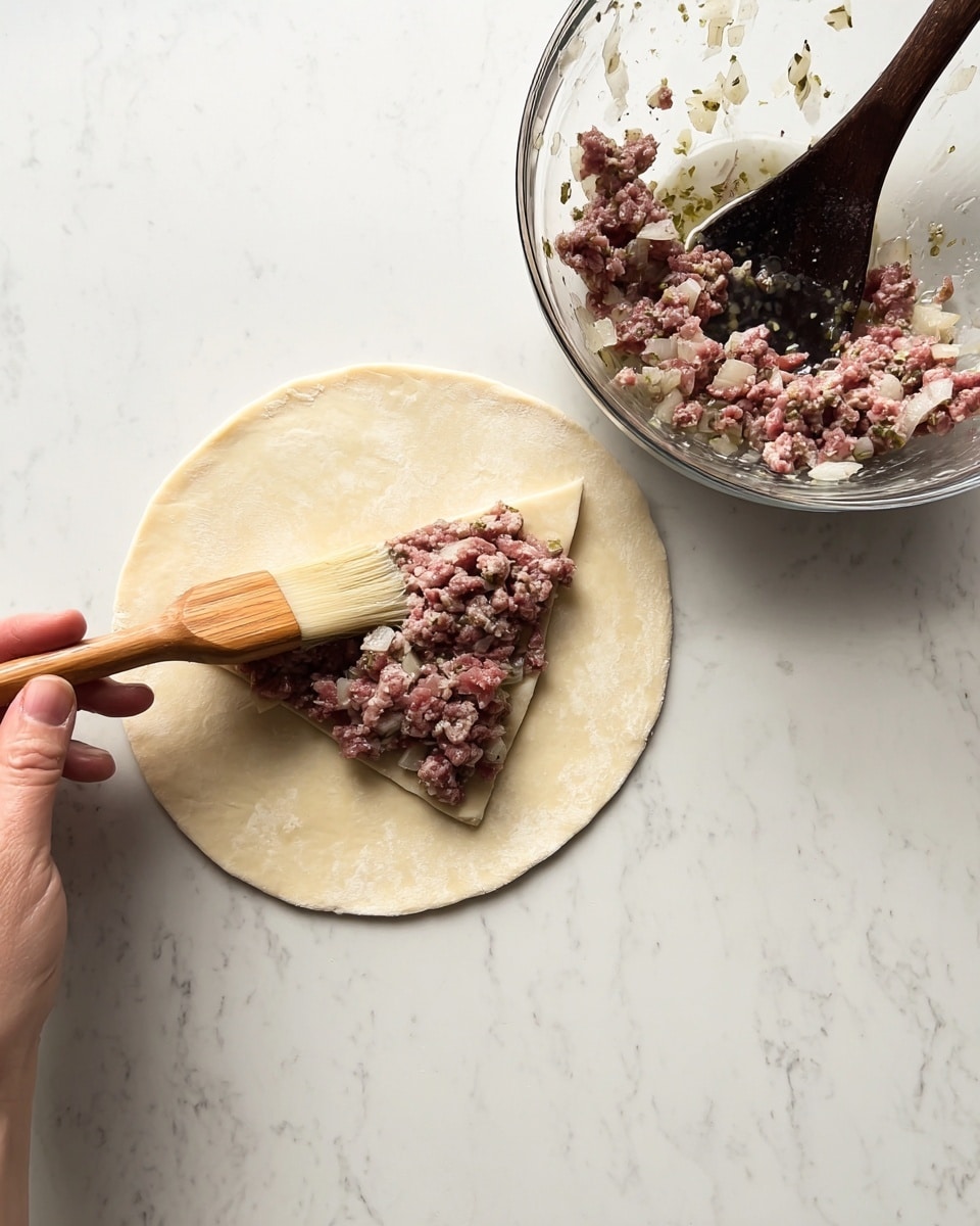 A white marbled surface shows a round dough circle laid flat with a triangle-shaped mix of raw ground meat and chopped onions placed in the center. A woman's hand holds a wooden brush applying an egg wash or oil around the edge of the dough circle. Above the dough, there is a clear glass bowl with more of the same raw meat and onion mixture and a dark wooden spoon resting inside the bowl. photo taken with an iphone --ar 4:5 --v 7