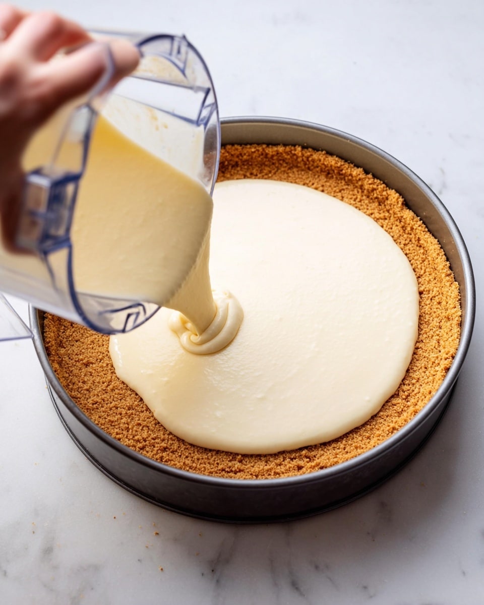 A round baking pan holding a single thick layer of golden-brown crust with a rough, crumbly texture covers the base. On top, a smooth, pale cream layer of batter is being poured from a clear blender jar held by a woman's hand, spreading evenly over the crust. The crust fills the pan, and the cream layer is thick and uniform in color with a silky texture. The scene is set on a white marbled surface. Photo taken with an iphone --ar 4:5 --v 7