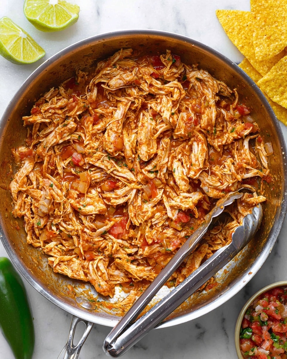 A shiny stainless steel pan filled with shredded, cooked chicken mixed with a red-orange sauce and small bits of tomato and onion, creating a textured look. The chicken sits in the center, with two silver cooking tongs resting on the right edge of the pan. Around the pan on a white marbled surface, there are three lime wedges at the top, a green jalapeño pepper on the left side, three yellow triangular tortilla chips on the top right and bottom, and a small bowl with colorful red and green salsa on the far right. Photo taken with an iphone --ar 4:5 --v 7