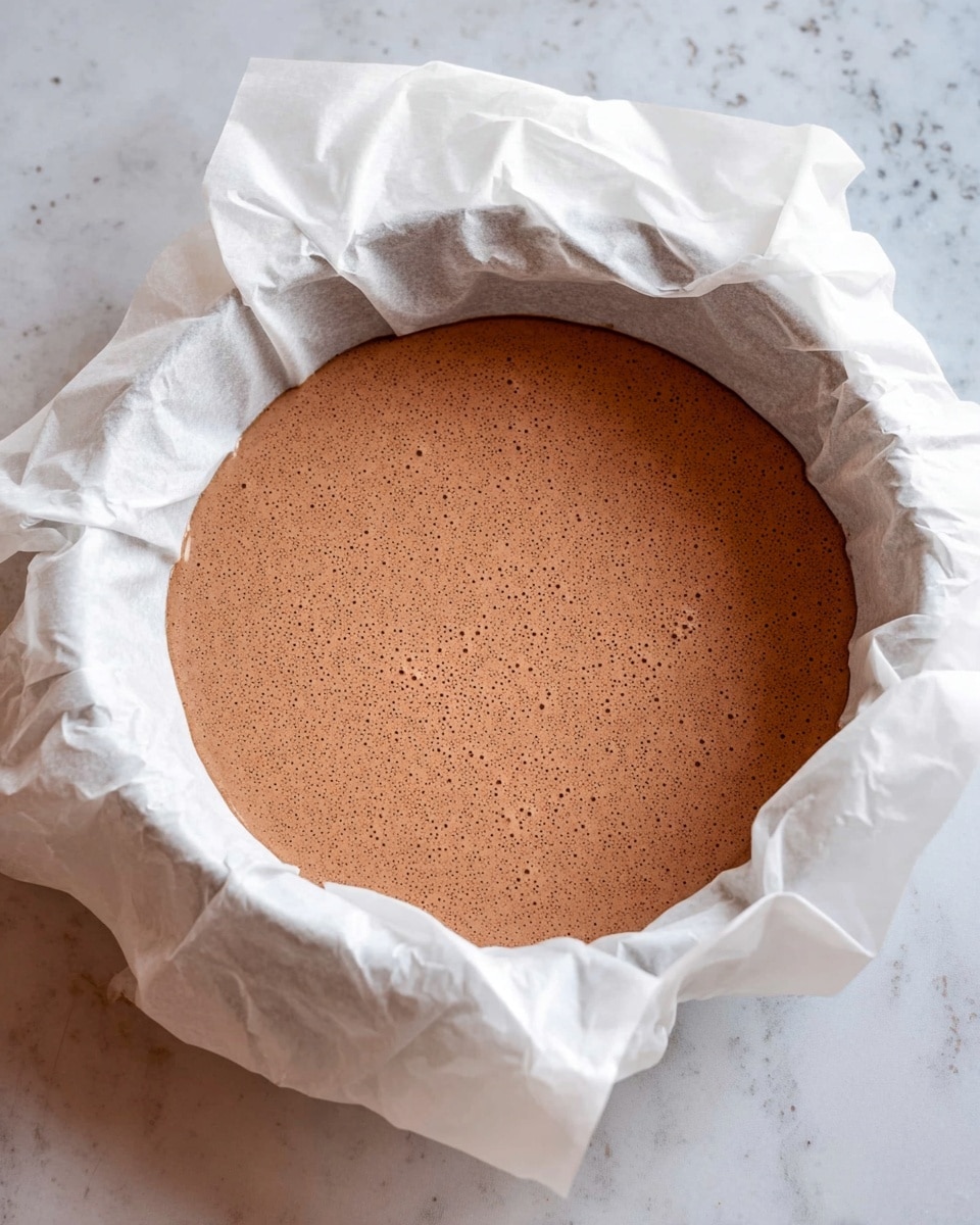 A round baking pan lined with crinkled white parchment paper holds a smooth, light brown chocolate batter filled almost to the brim. The batter has small bubbles on its surface, giving it a slightly frothy texture. The pan is placed on a white marbled surface, and the parchment paper edges rise unevenly above the pan's rim, creating soft white folds around the batter. photo taken with an iphone --ar 4:5 --v 7